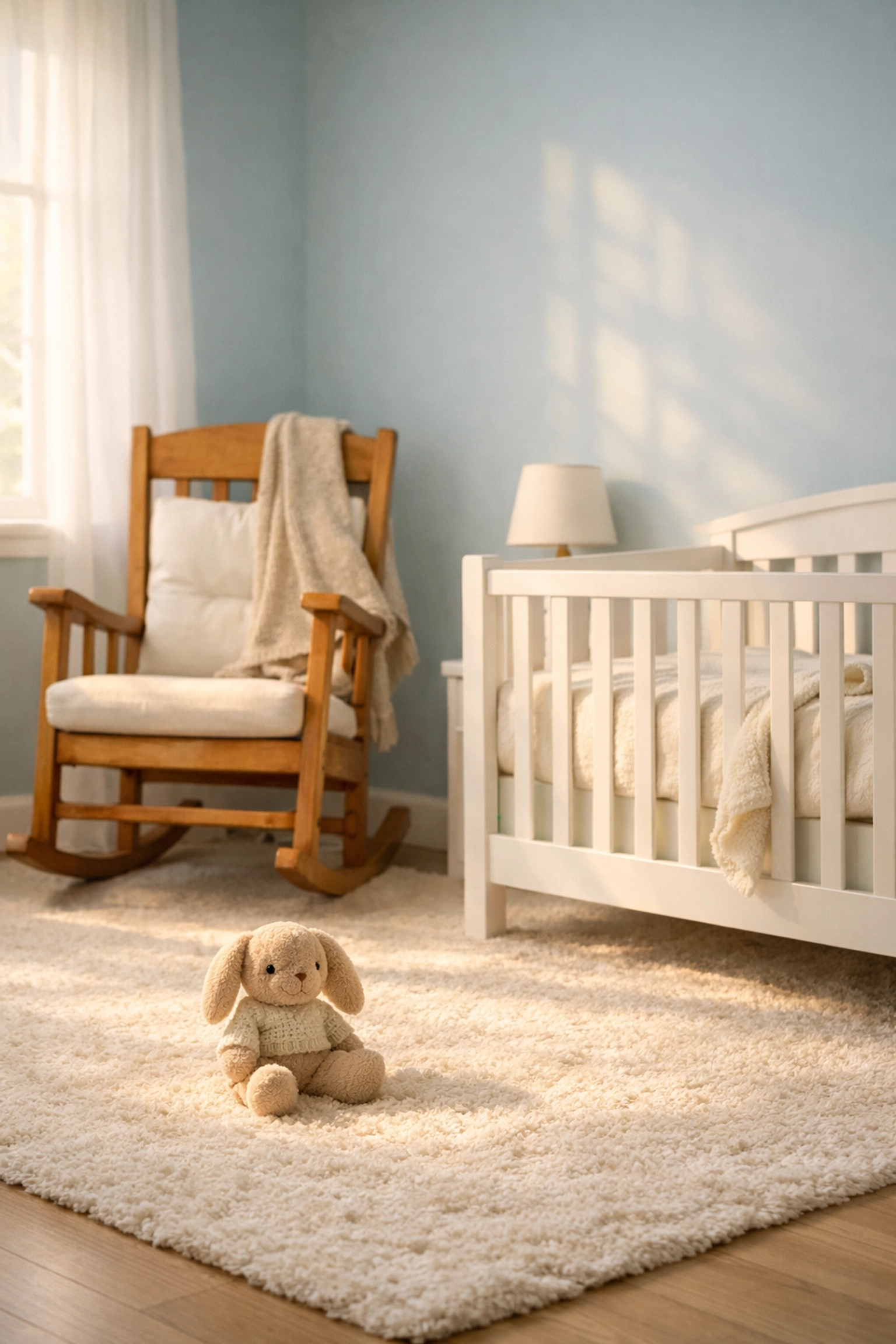 Cozy nursery with pale blue painted walls creating a peaceful family space