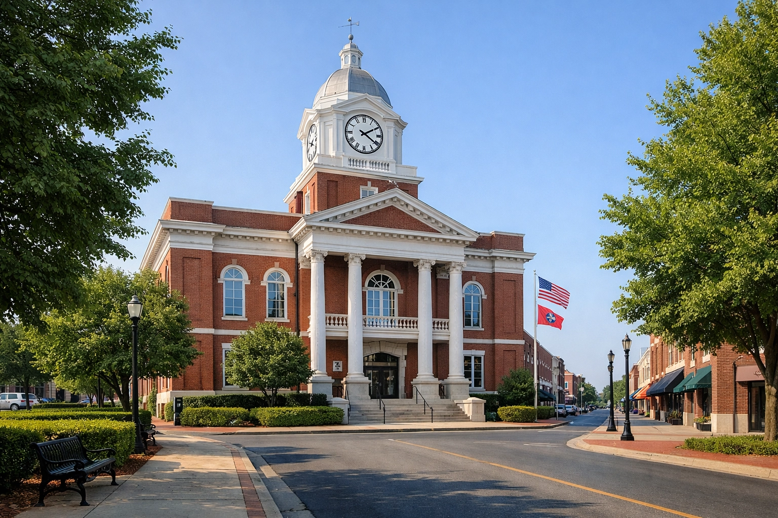 Historic red brick architecture in downtown Cleveland TN near local boutiques and restaurants.