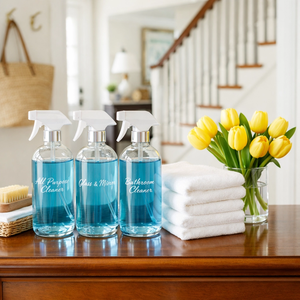 Eco-friendly Hingham home cleaning supplies and folded towels on a luxury New England console table.
