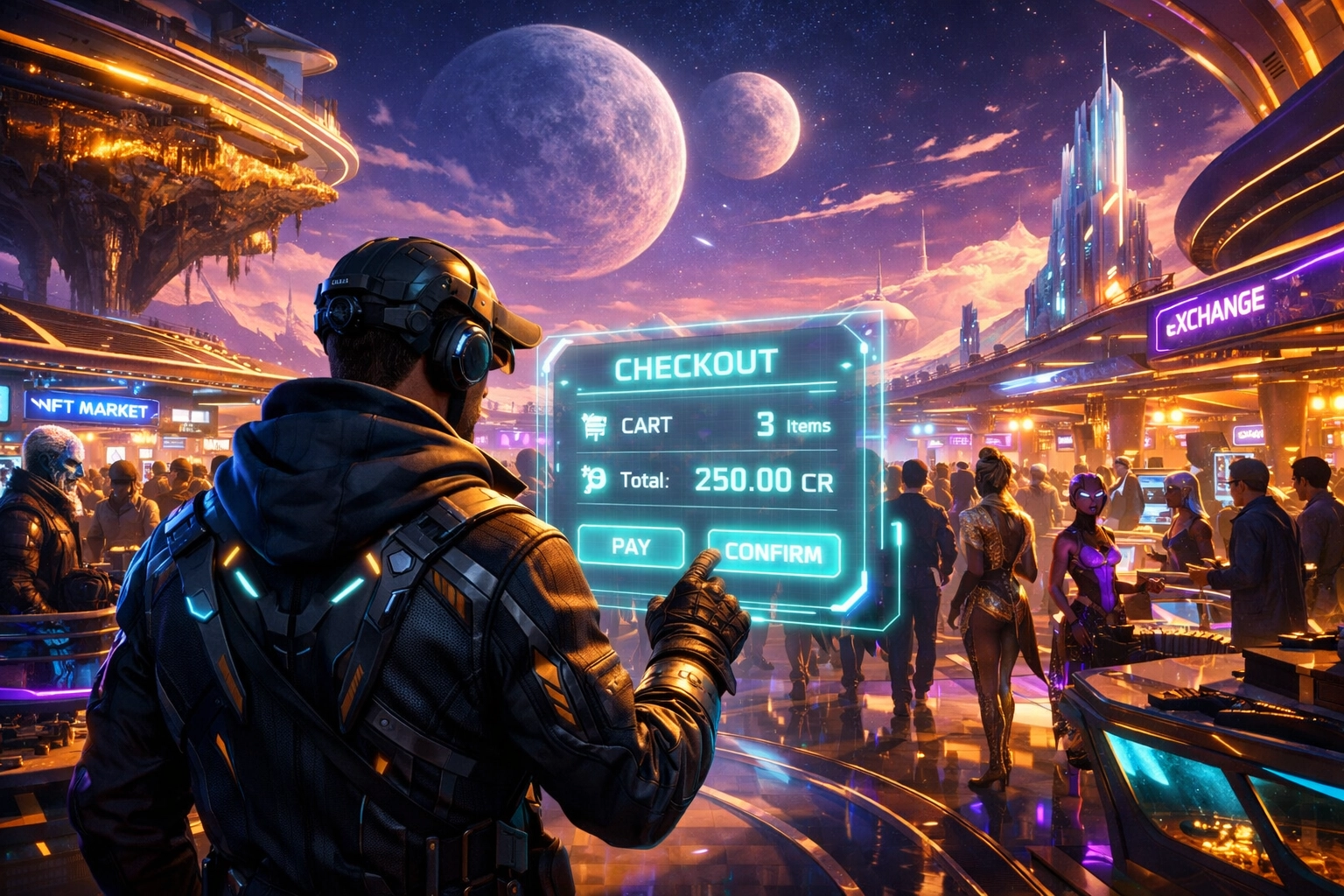 A merchant using a decentralized holographic checkout for global payments in a futuristic metaverse.