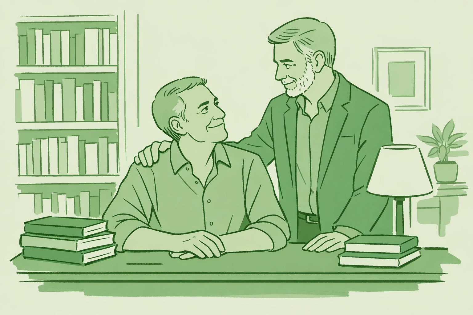 Supportive older gay couple in a library, reflecting authenticity and peace when coming out later in life.