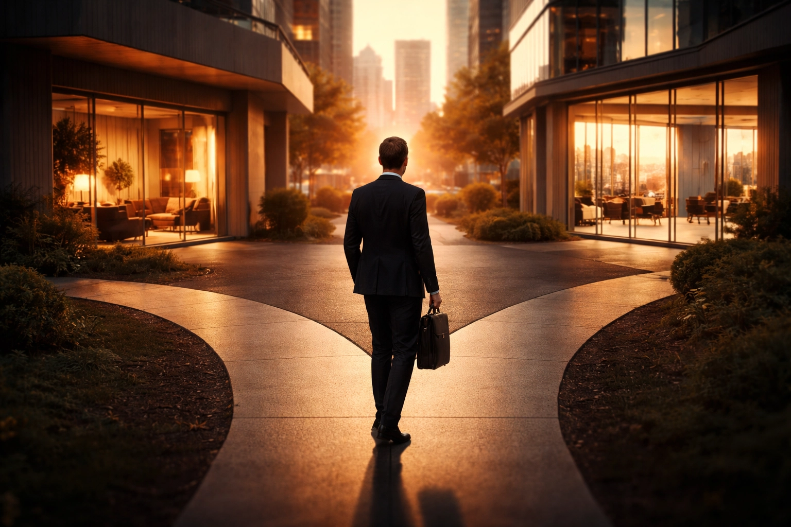 Executive at a city crossroads choosing between therapy and performance coaching for closing the executive gap