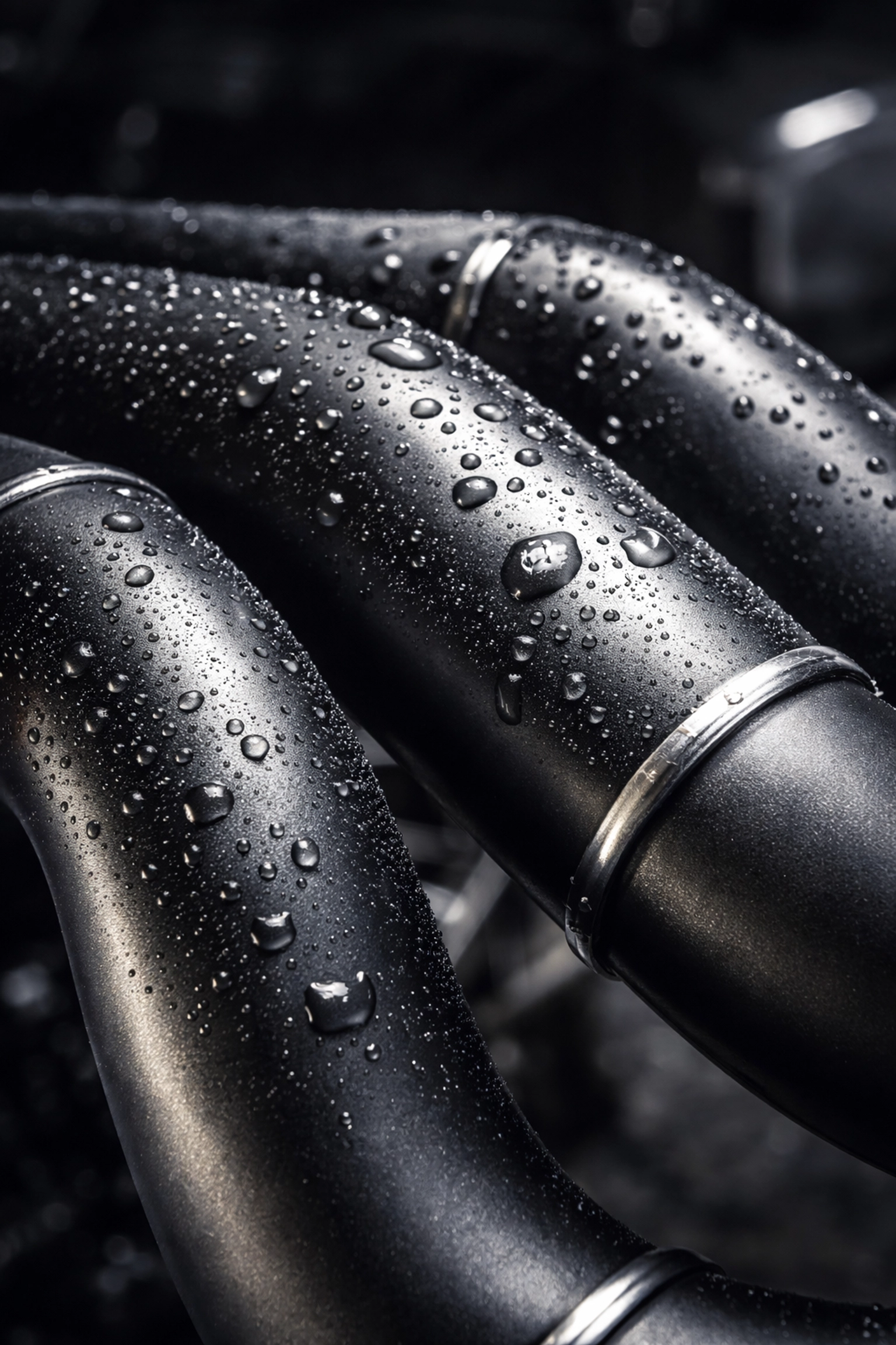 Close-up of ceramic-coated exhaust pipes repelling water and dirt, showcasing protective and corrosion-resistant qualities