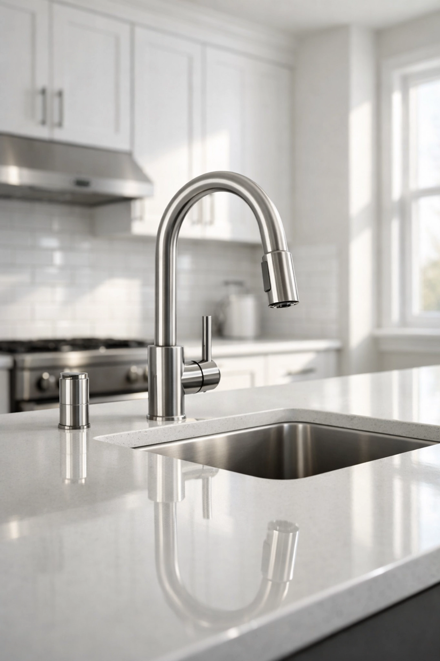 Modern apartment kitchen with clean countertops, showing high standards for move-out cleaning and turnover.