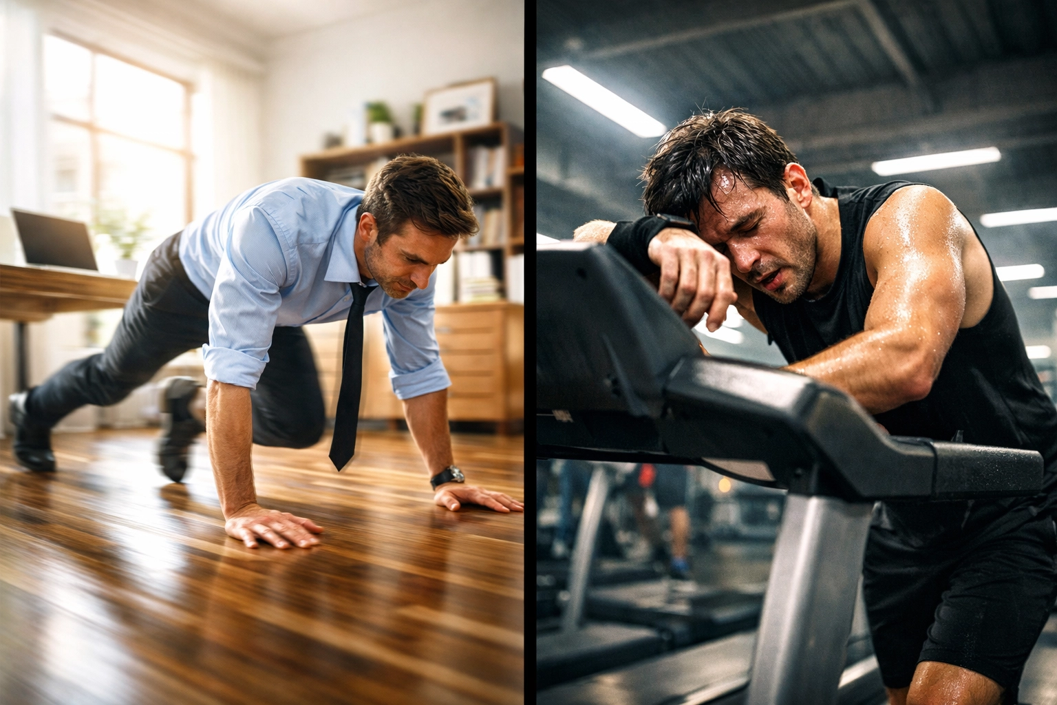 Comparing a quick home office micro-workout to a traditional gym session for longevity benefits.