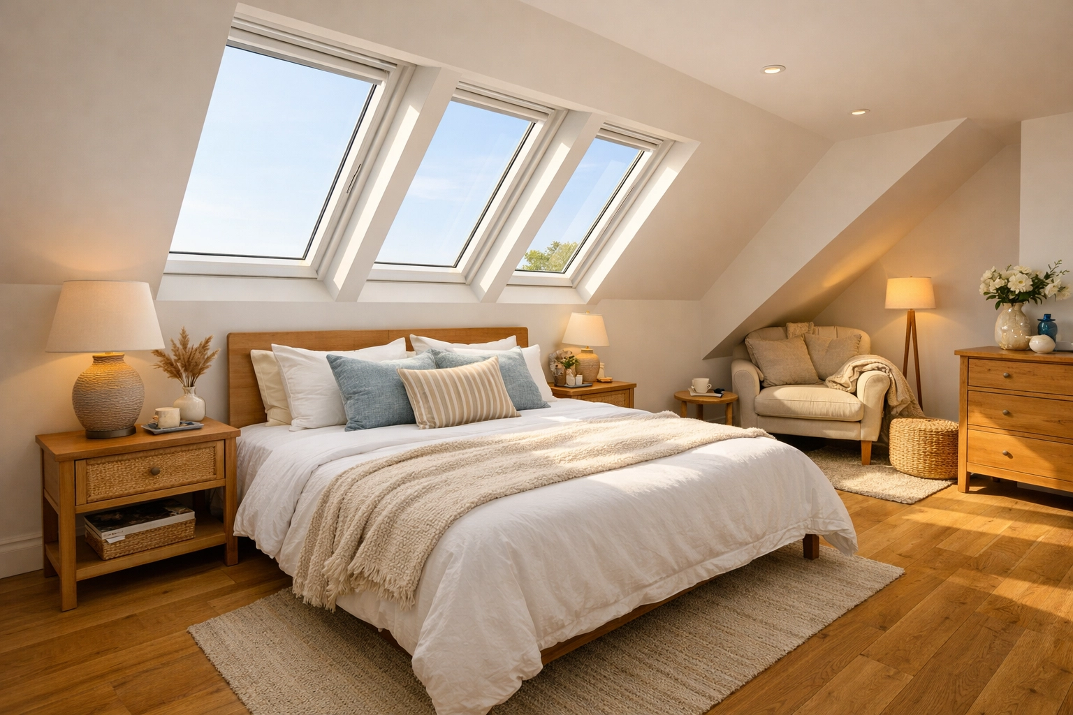 Modern master bedroom in a luxury Poole loft conversion with bright rooflight windows.