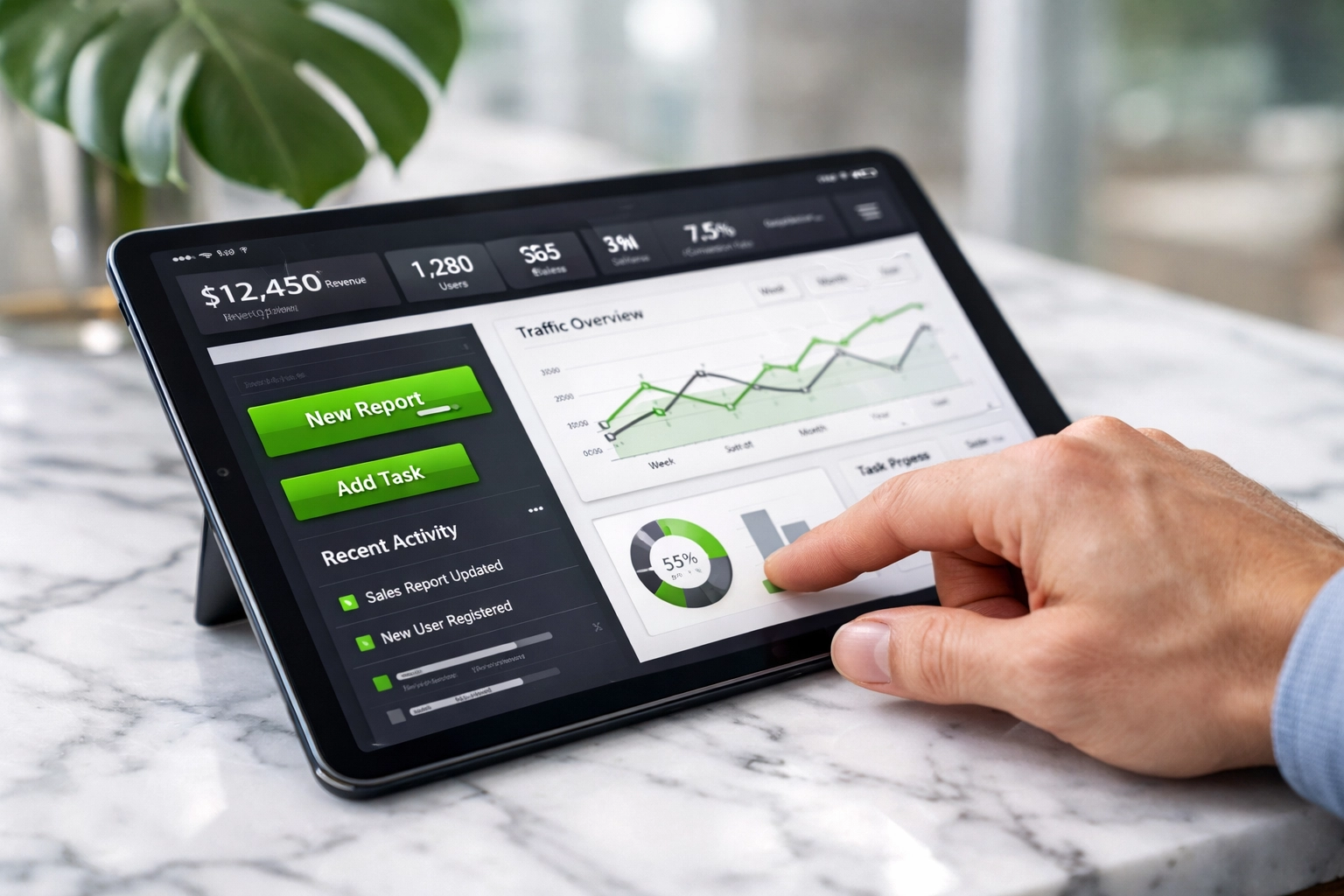 Custom web app interface on a tablet providing interactive digital services for small business clients.