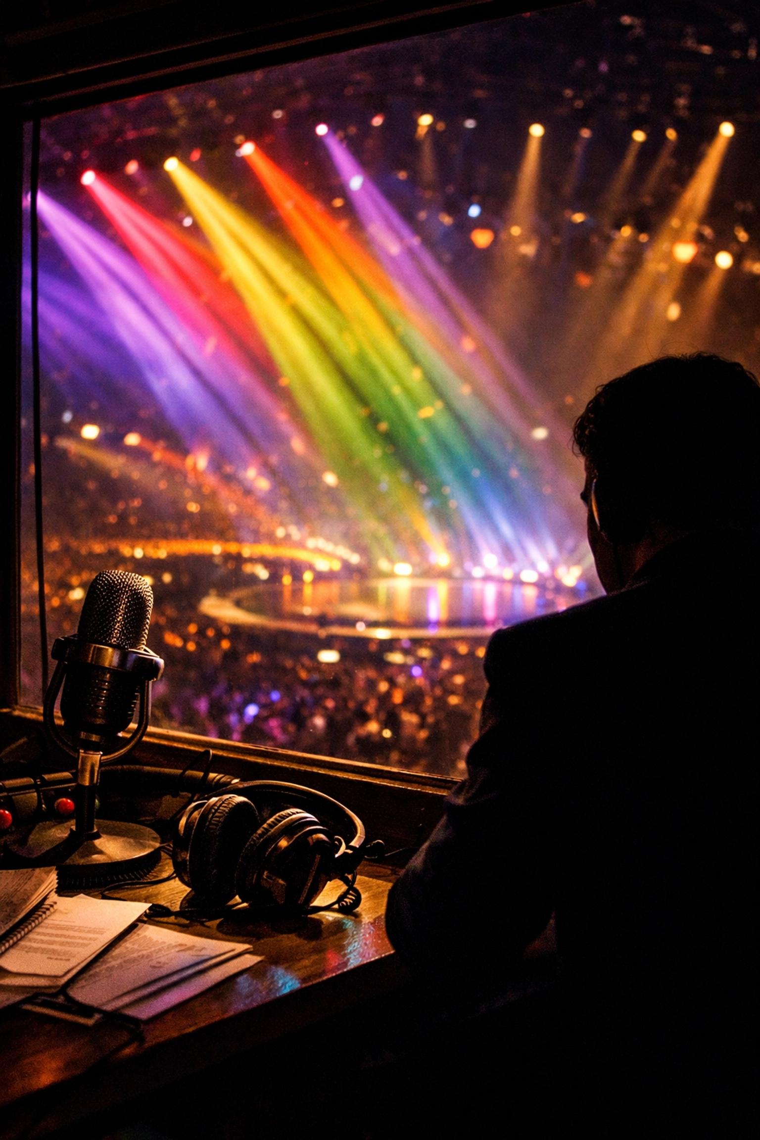 Eurovision commentary booth overlooking rainbow-lit stage with broadcaster silhouette