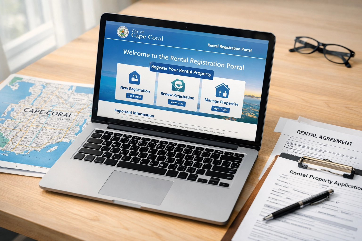 Cape Coral rental registration portal displayed on laptop with property documents
