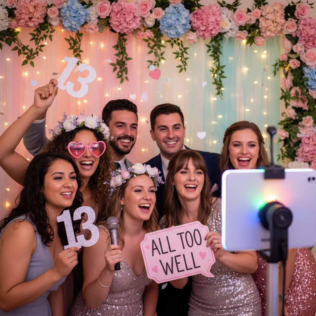 Group of people taking a selfie, smiling and holding "13" and "ALL TOO WELL" signs. Floral backdrop with pink and blue hues and twinkling lights.