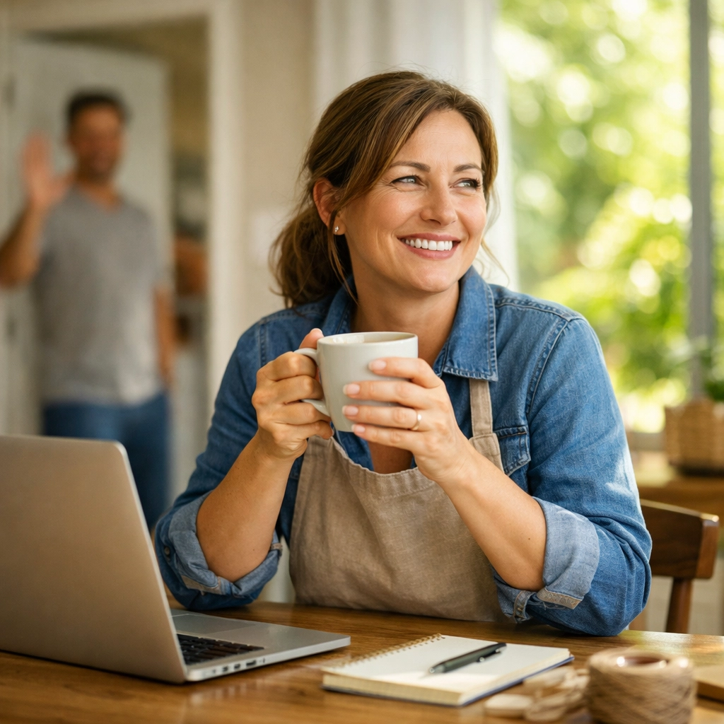 Small business owner smiling in a home office after reclaiming time from manual data entry.