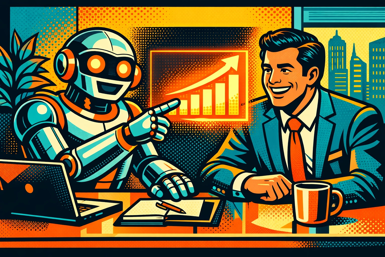 AI assistant robot helping a small business owner analyze growth charts and scale their company.