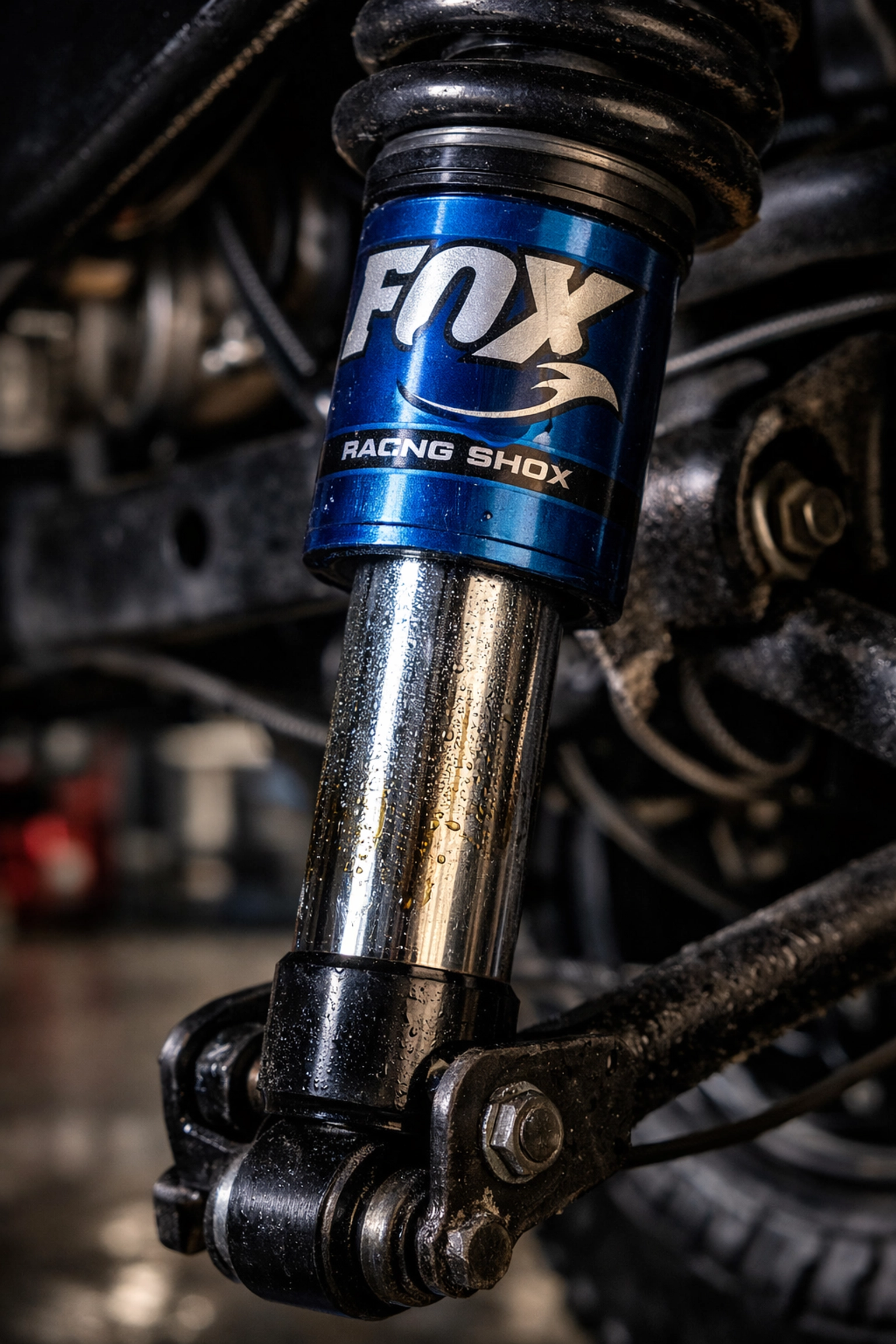 FOX shock absorber with oil residue on chrome shaft showing signs of wear on 4x4 suspension