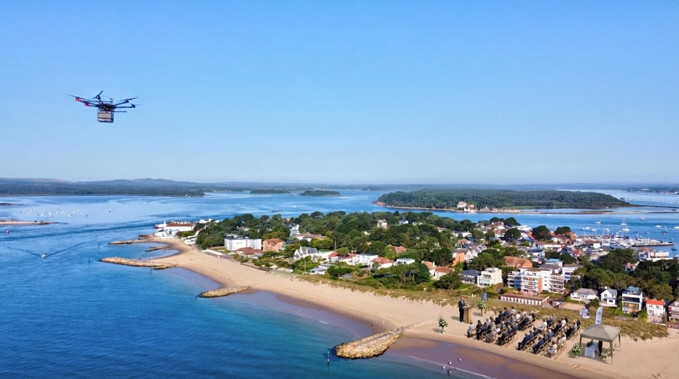 A serene aerial view of Coverack village in Cornwall, showing the historic harbour and rugged coastline during a golden sunset, with a professional drone flying at a distance.