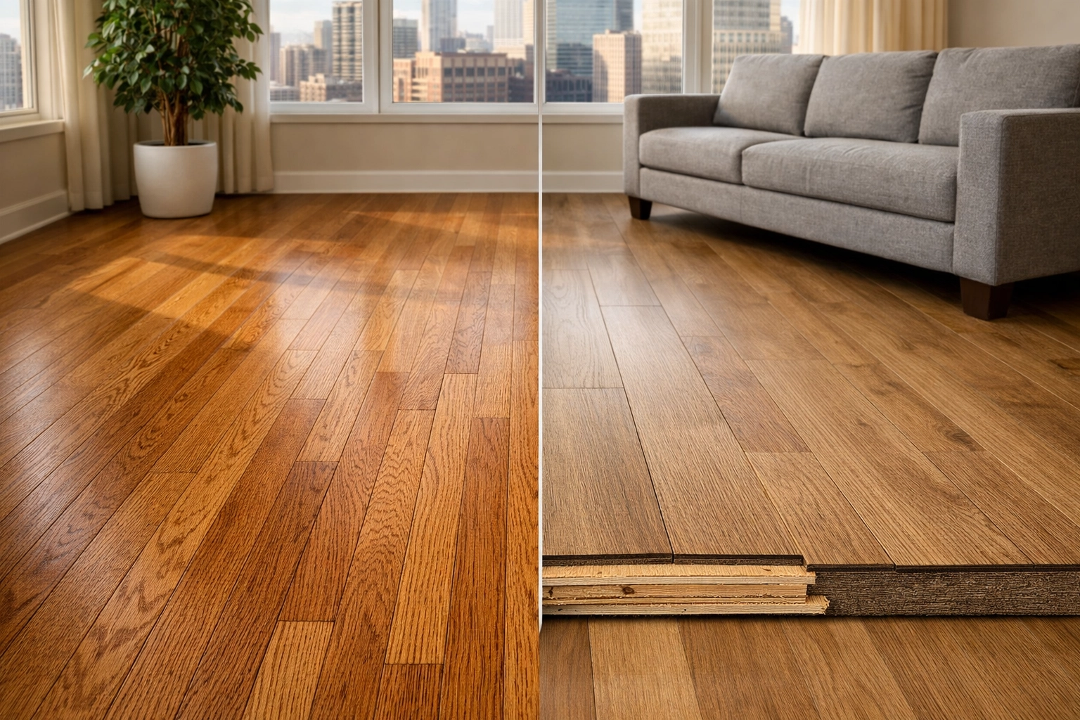 Solid hardwood vs engineered hardwood flooring comparison in Chicago living room