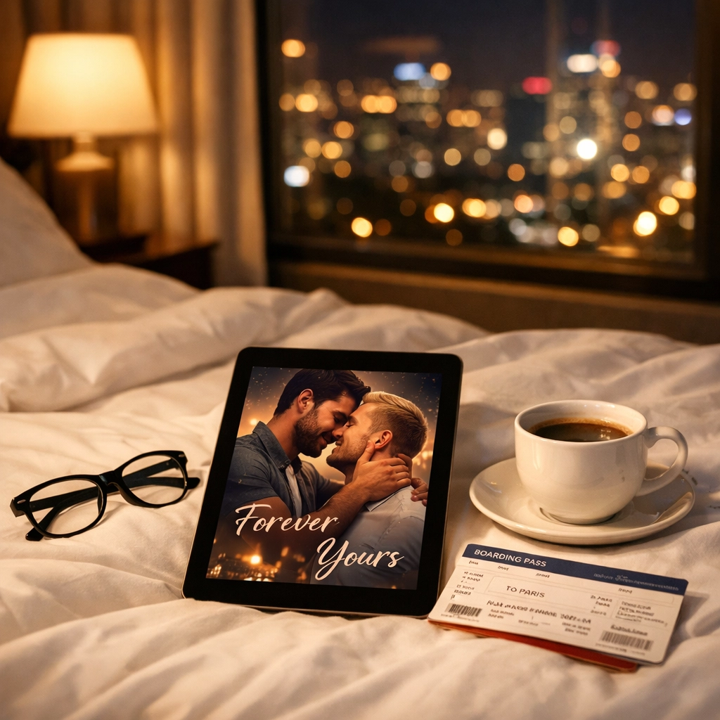 Hotel room at night with tablet showing gay romance book and travel essentials