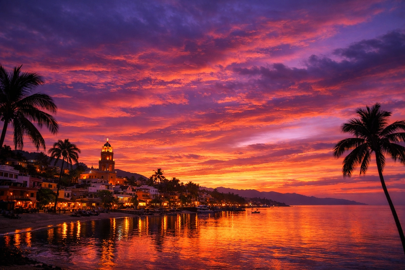 A serene sunset over a Mexican coastal town representing hope and the promise of peace.