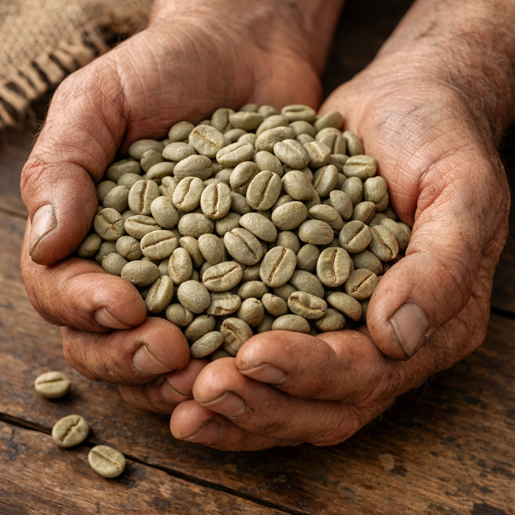 Fresh green specialty coffee beans held in hands, representing ethical sourcing from coffee suppliers.
