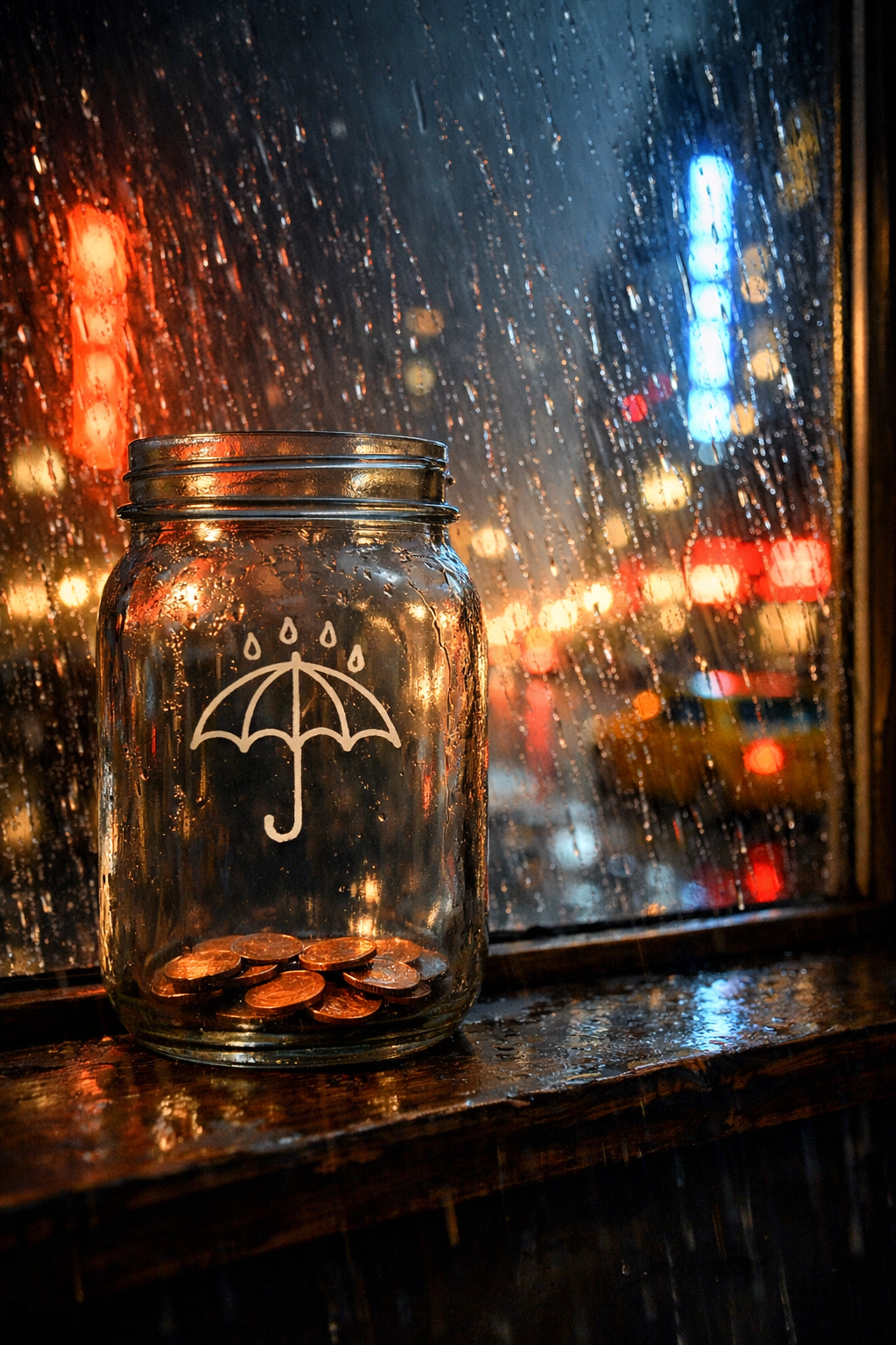 An empty NYC Rainy Day Fund jar with a few pennies against a stormy city backdrop, showing budget shortages.