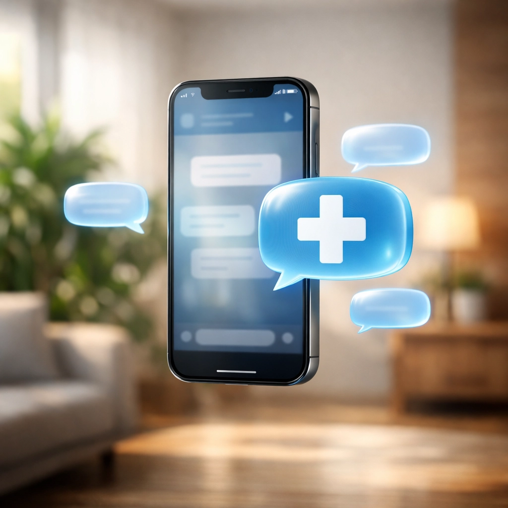 Secure online medical chat on a smartphone with a medical cross icon, showing 24/7 primary care access at home.