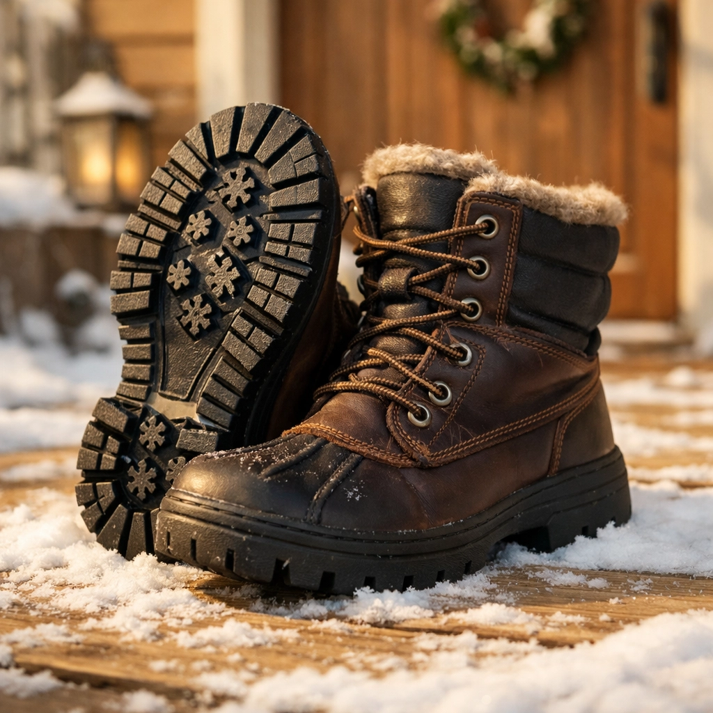 Winter boots with deep rubber treads for traction on ice and snow