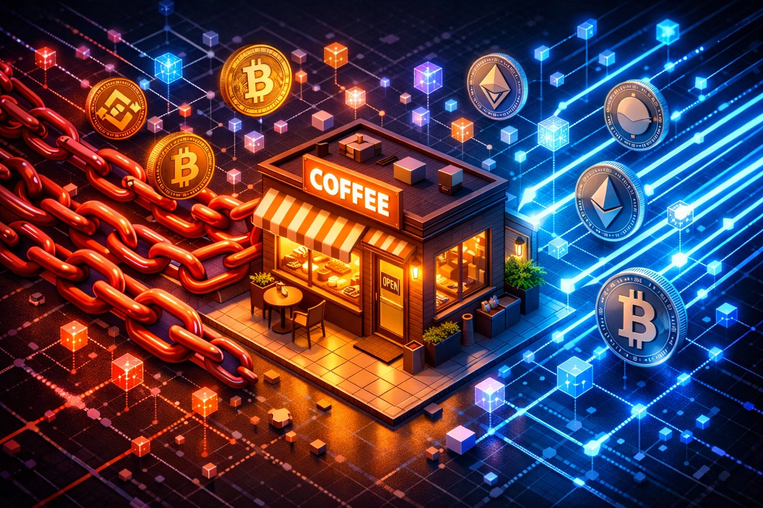 Small business coffee shop transitioning from traditional payment systems to Web3 crypto POS infrastructure