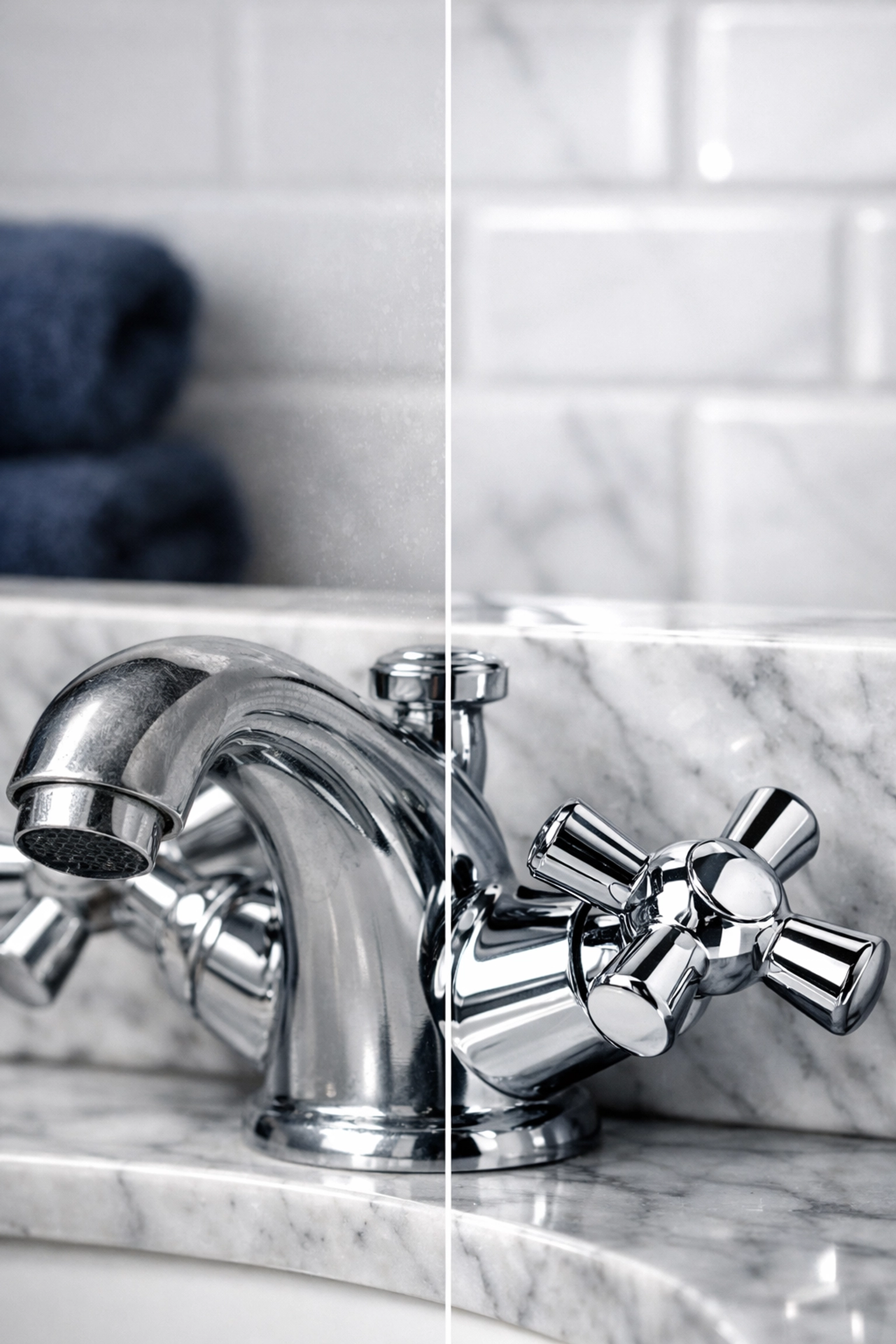 Before and after comparison of a deep house cleaning Ashby service showing polished marble bathroom fixtures.