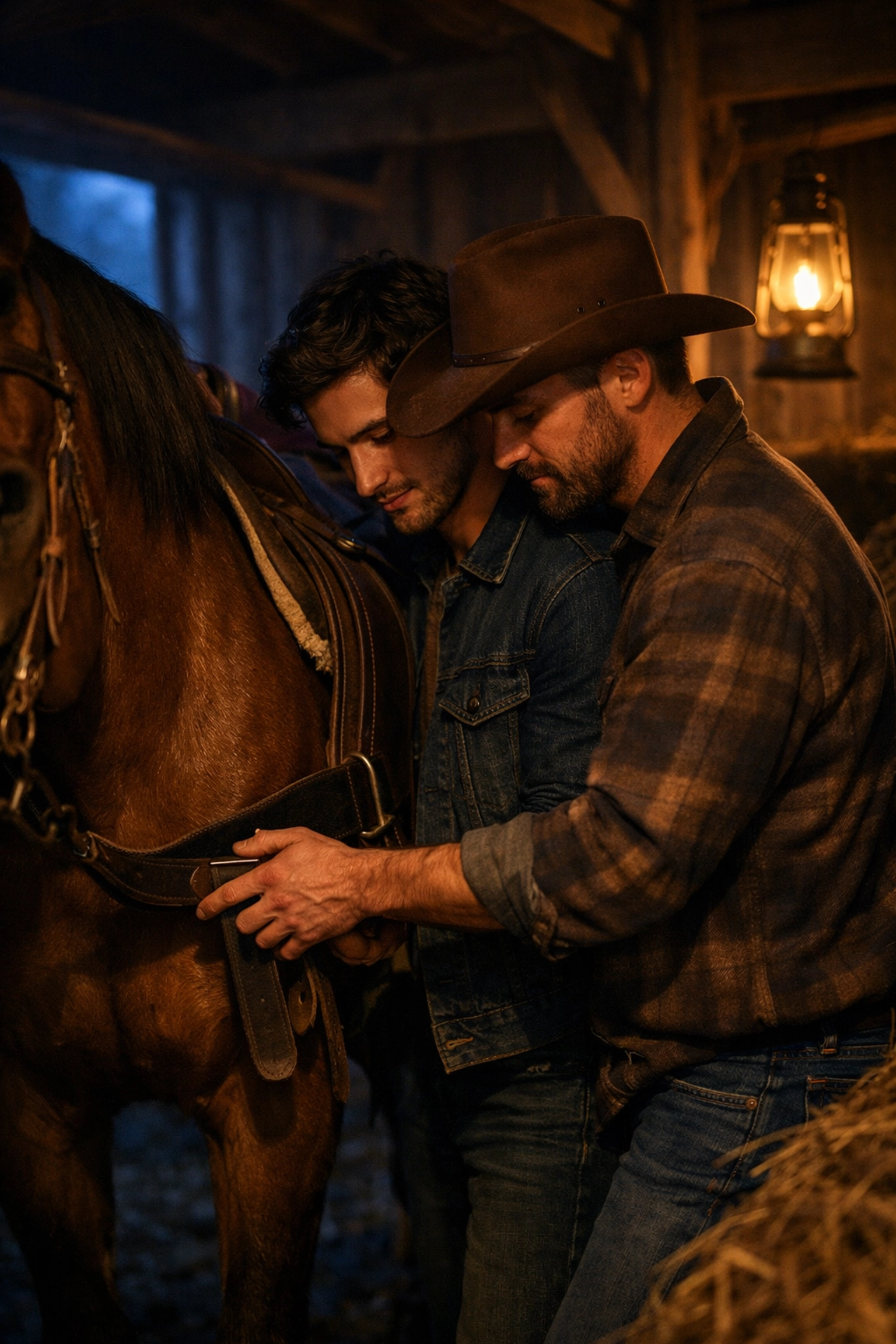 Two men share an intimate moment while saddling a horse in a rustic barn, a classic scene in steamy MM romance books.