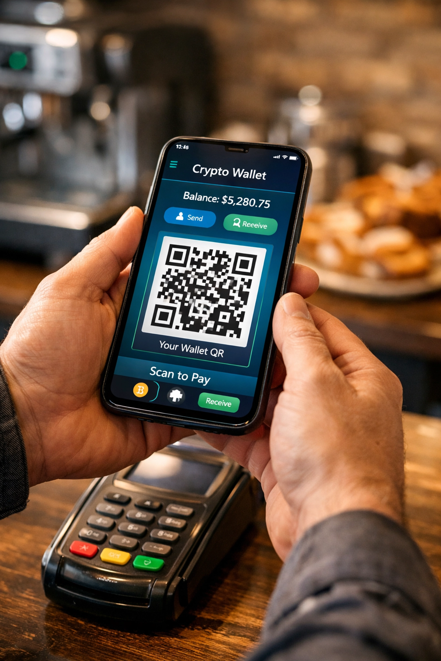 Merchant accepting crypto payment with QR code at coffee shop point of sale terminal