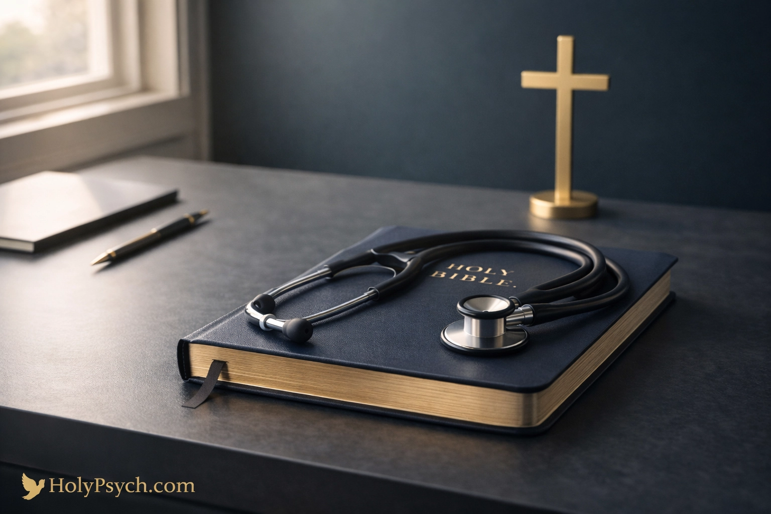 Open Bible and stethoscope on a desk symbolizing the integration of psychology and biblical truth.