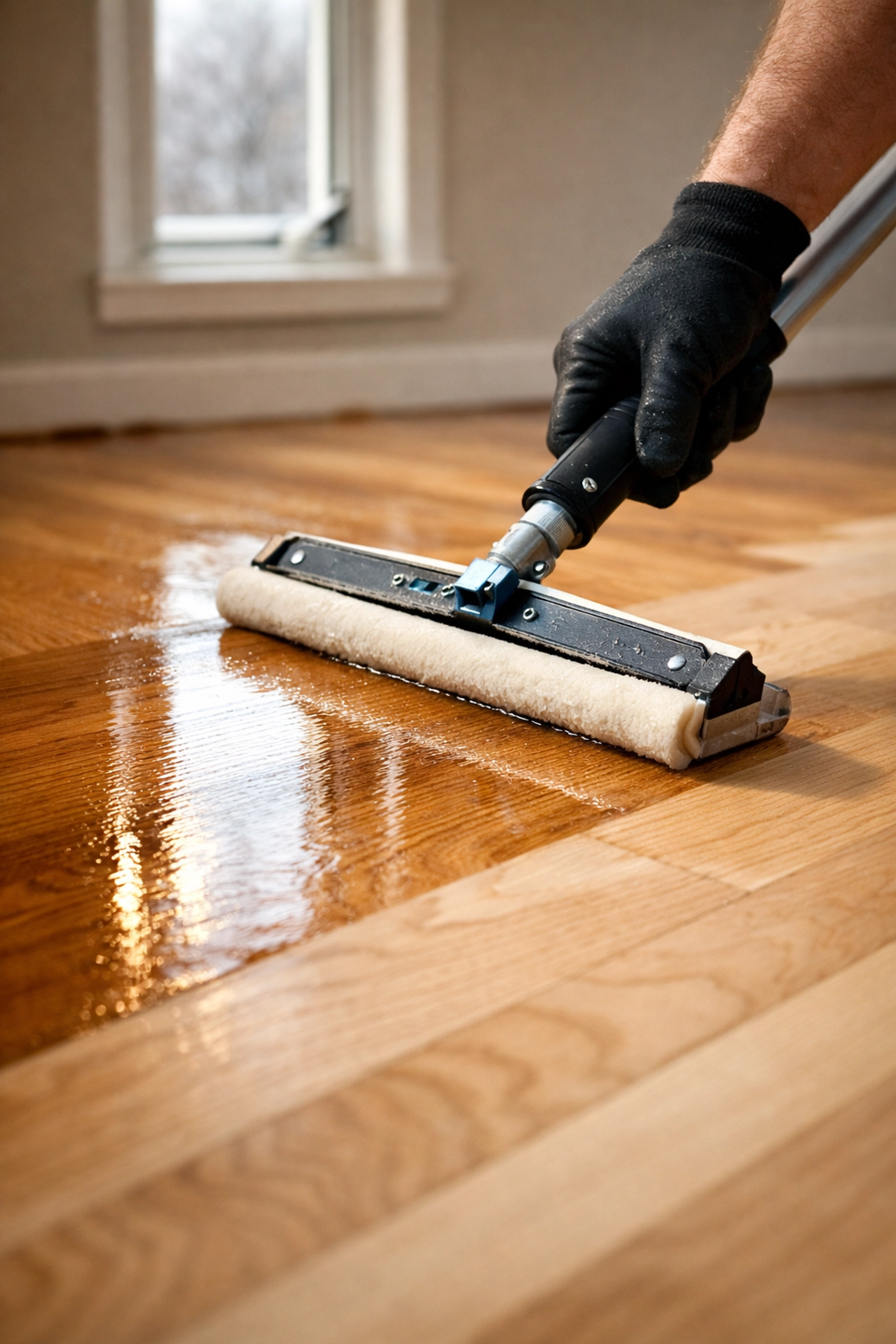 Professional applying water-based finish to hardwood floor during winter refinishing