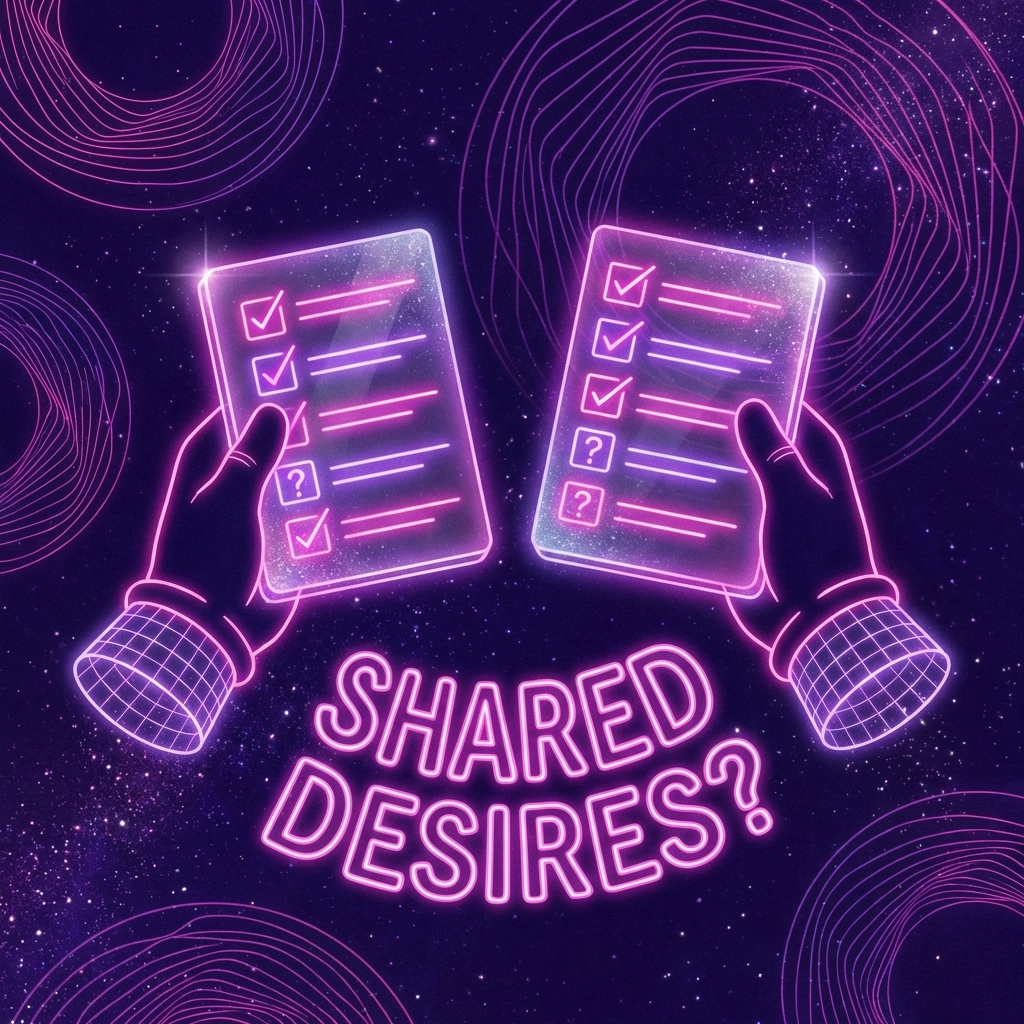 Playful illustration of hands holding checklists, symbolizing open communication about sexual desires for couples.