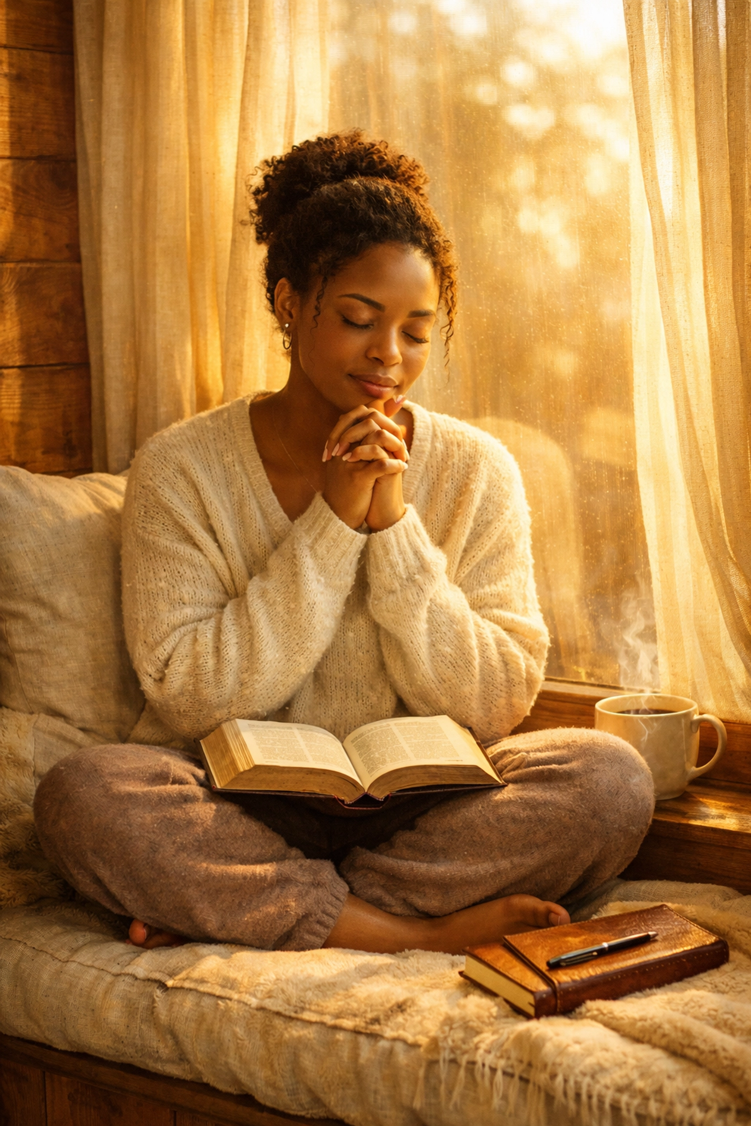 Single woman in prayer with Bible and journal during morning devotional time