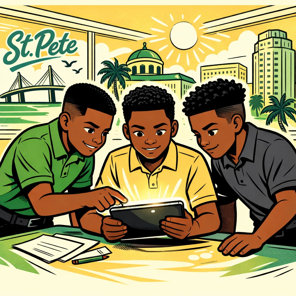 Resilient Black teenage boys collaborating in a CRC Youth Workforce Development and Training session.