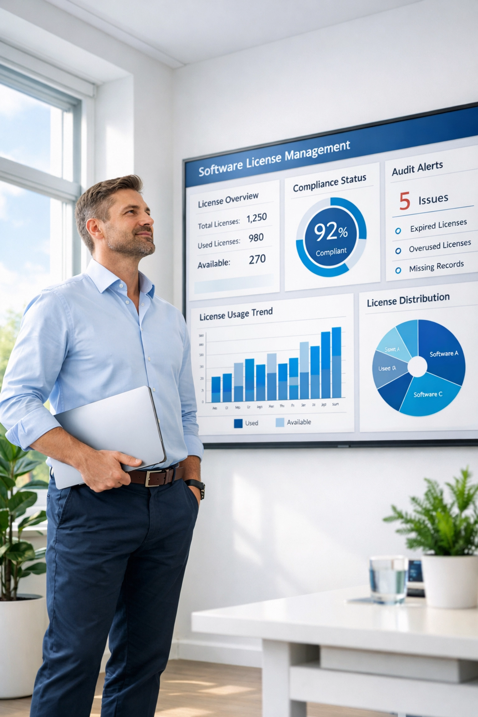 IT manager reviewing ServiceNow ITAM license management dashboard and compliance metrics