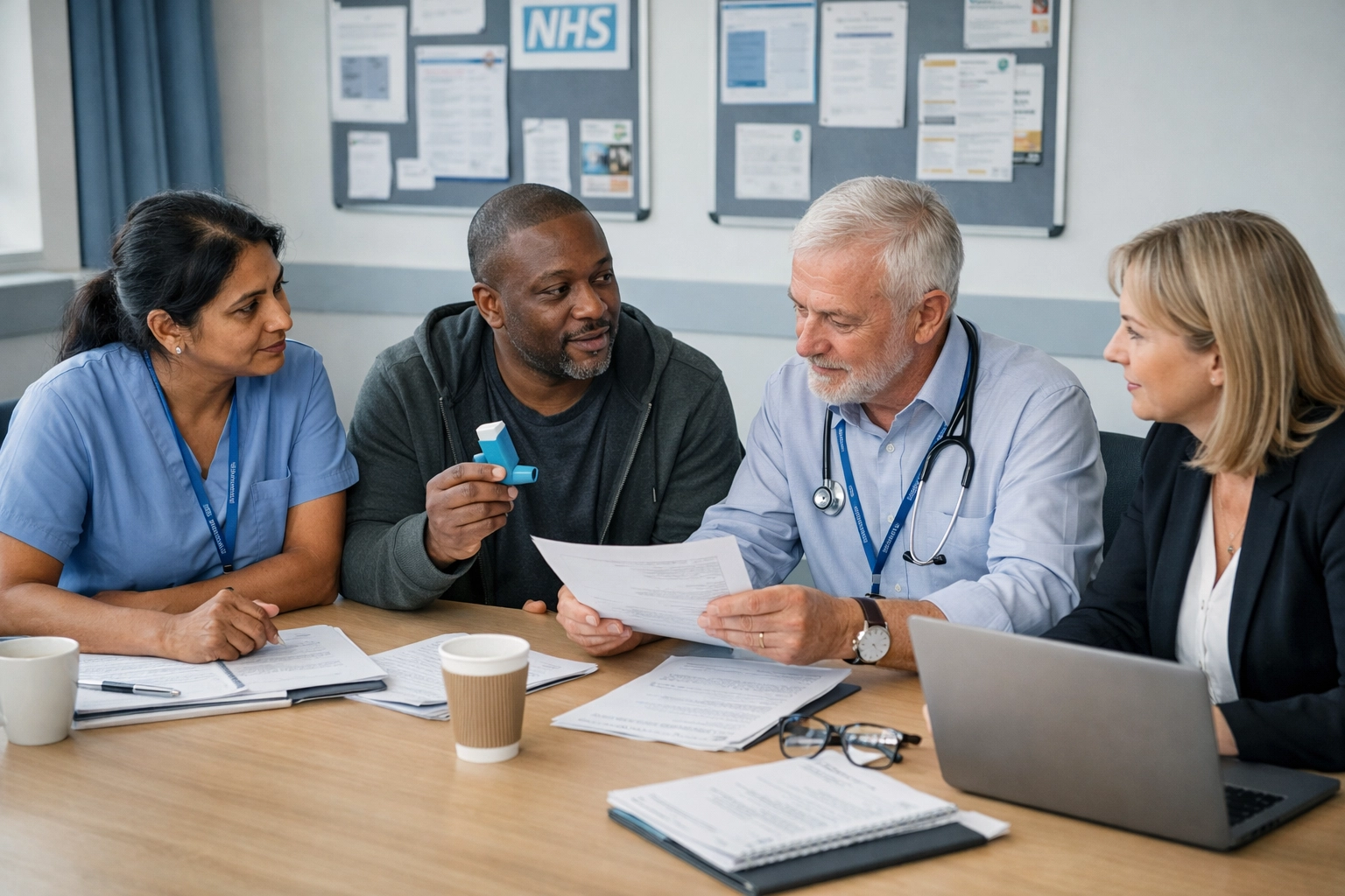 NHS clinicians and patient collaborating in respiratory pathway redesign meeting