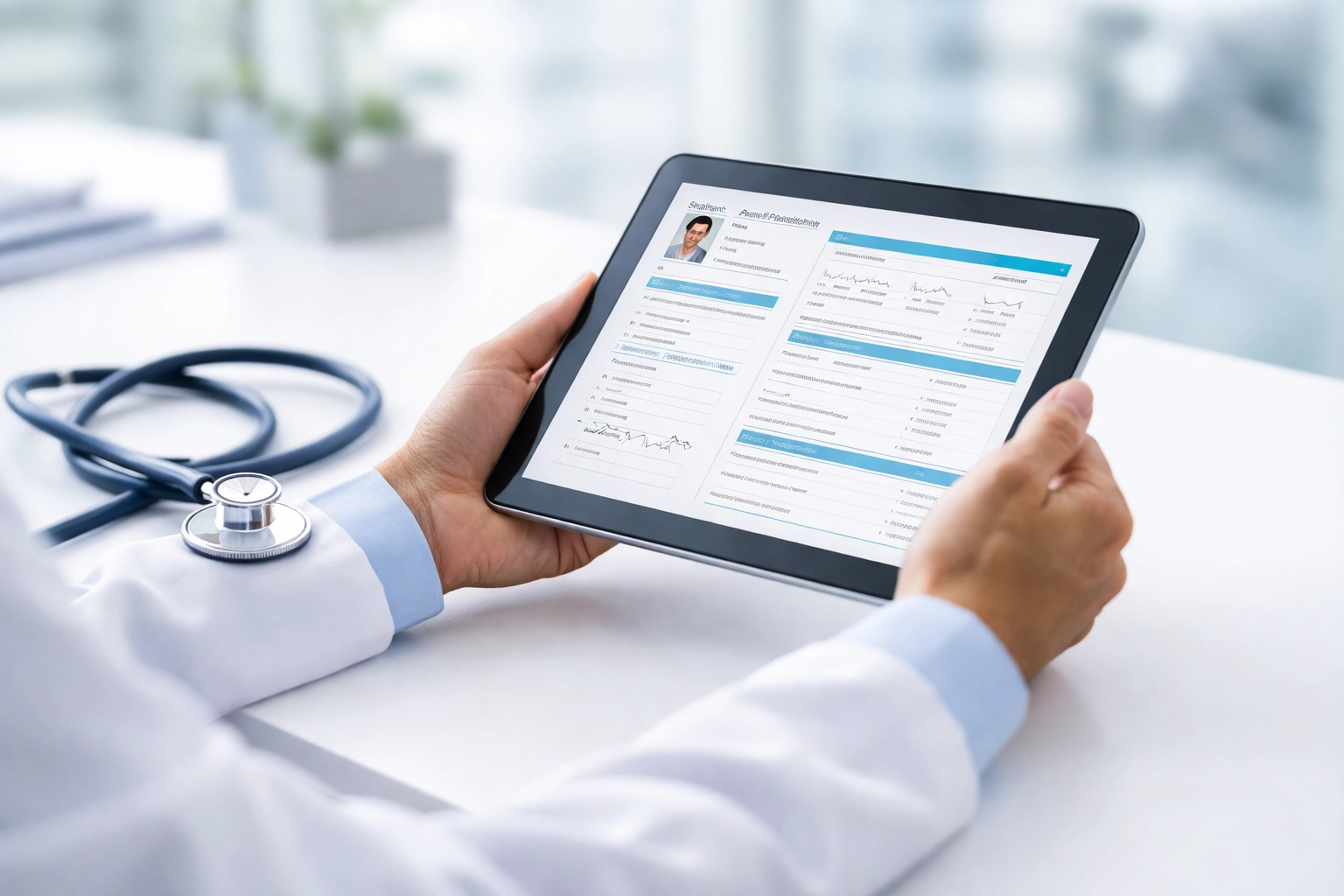 Medical professional reviewing patient chart on tablet for Medicare compliant documentation