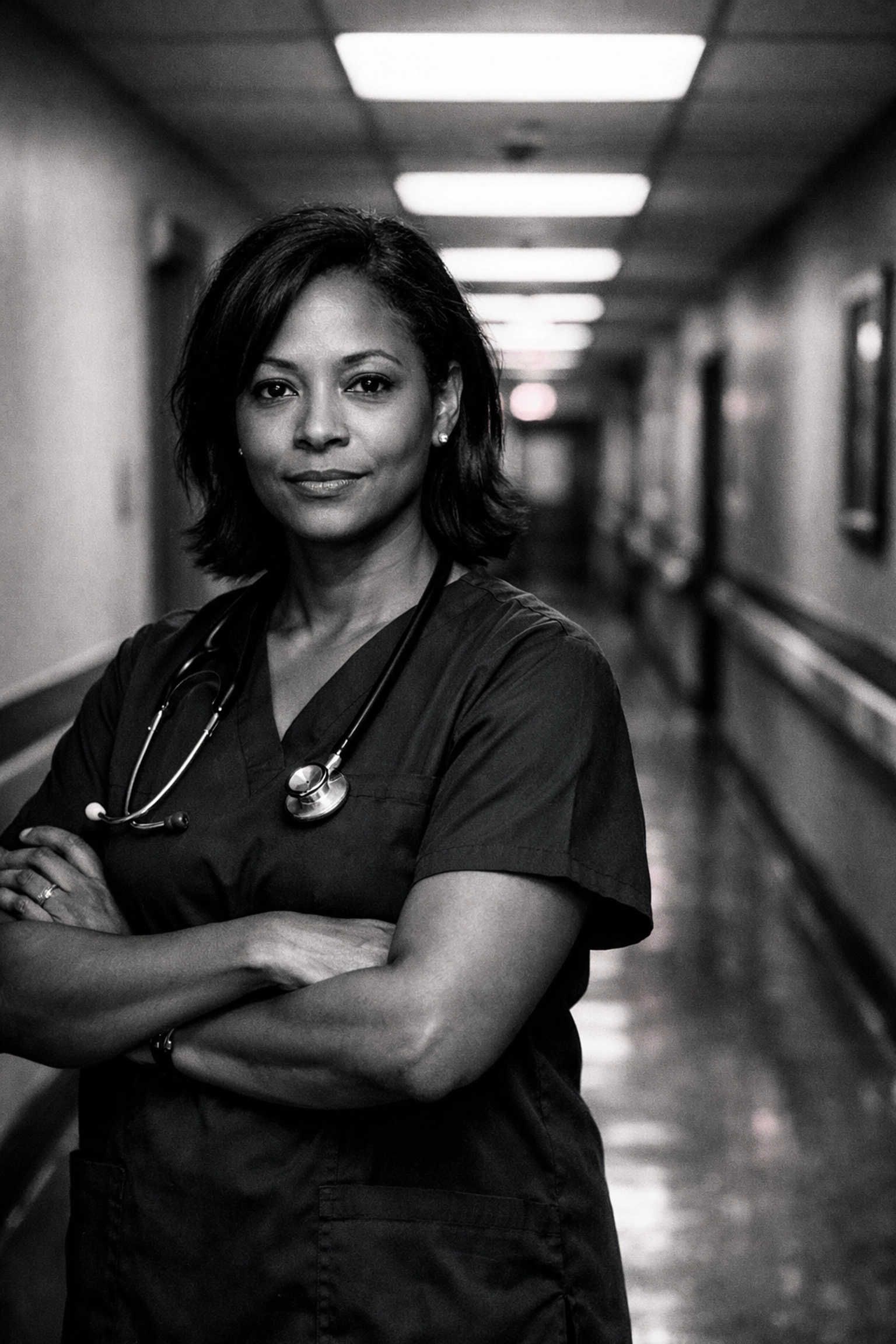 Female nursing leader standing in nursing home hallway reflecting on leadership challenges
