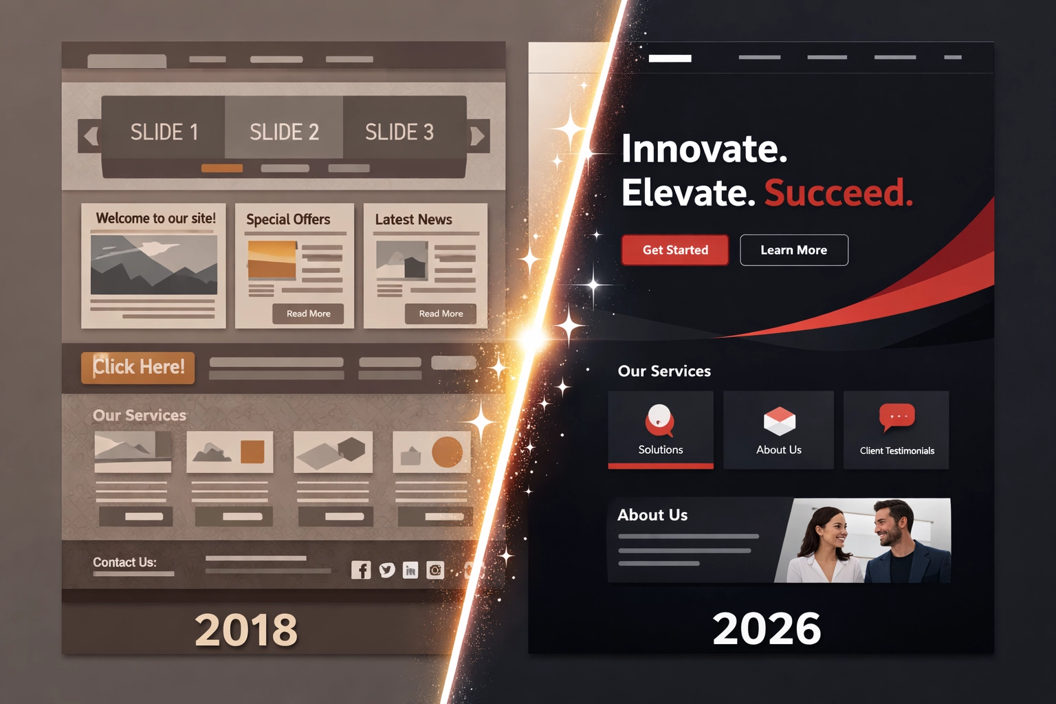 Before and after comparison of outdated website design versus modern 2026 website refresh