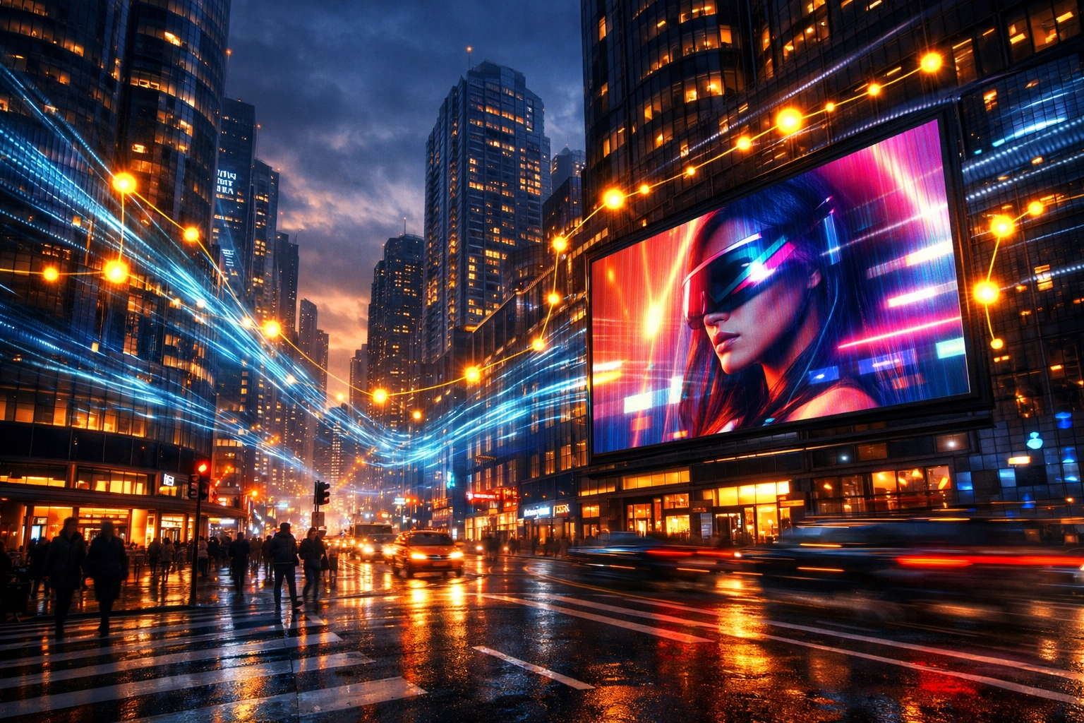 Digital billboard advertising in a futuristic city showing real-time programmatic DOOH data streams.
