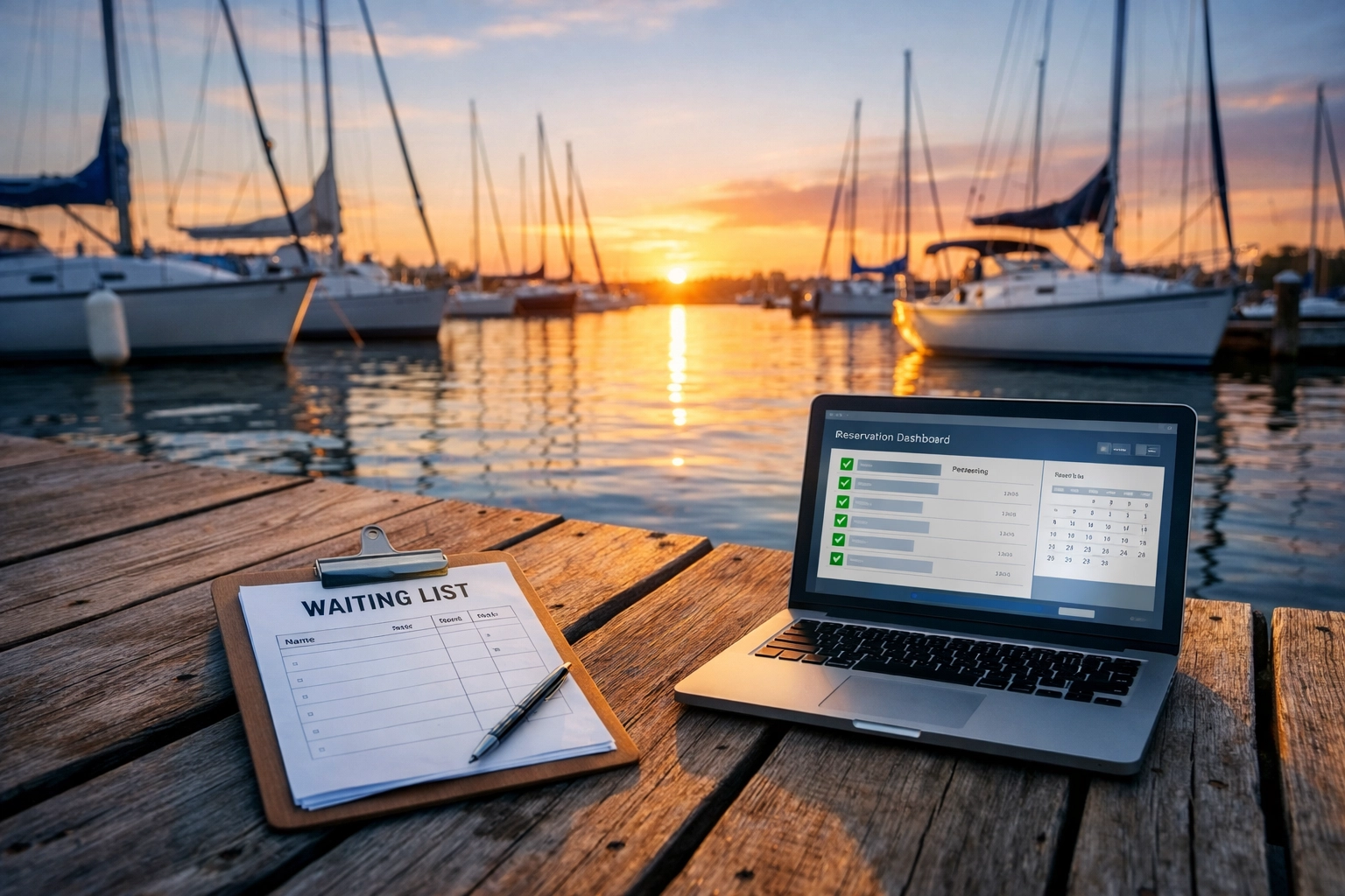 Marina dock with traditional waiting list clipboard beside laptop showing digital yacht club software