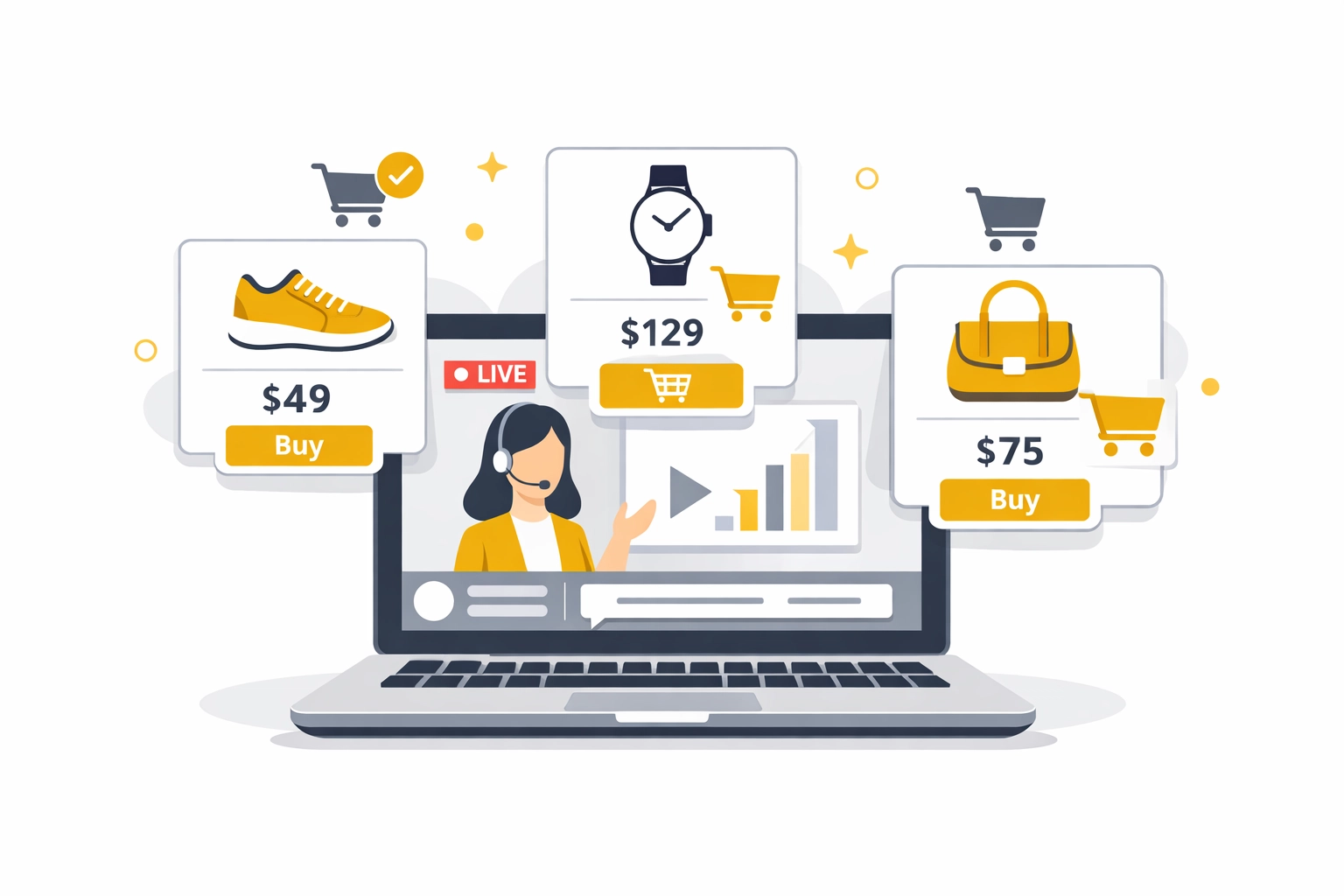 Live shopping platform displaying shoppable products during webinar with integrated checkout