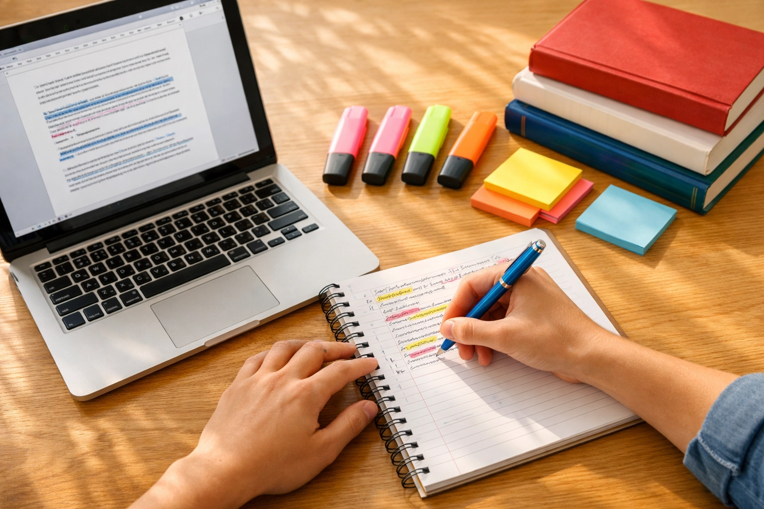 Student writing in notebook while using laptop for homework and study revision
