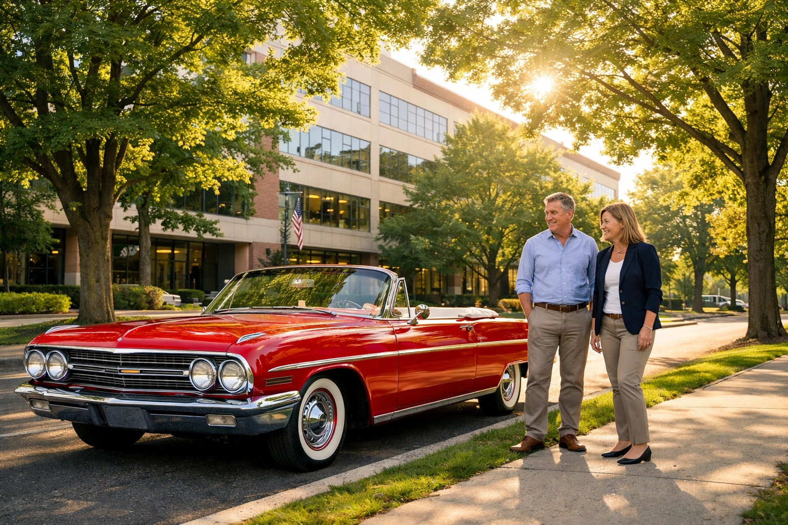 Classic red convertible parked in a West Hartford neighborhood near Insure Connecticut LLC office.