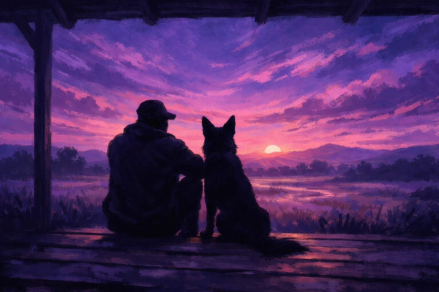 A person and their dog sitting together at sunset, reflecting on their bond during the end-of-life journey.