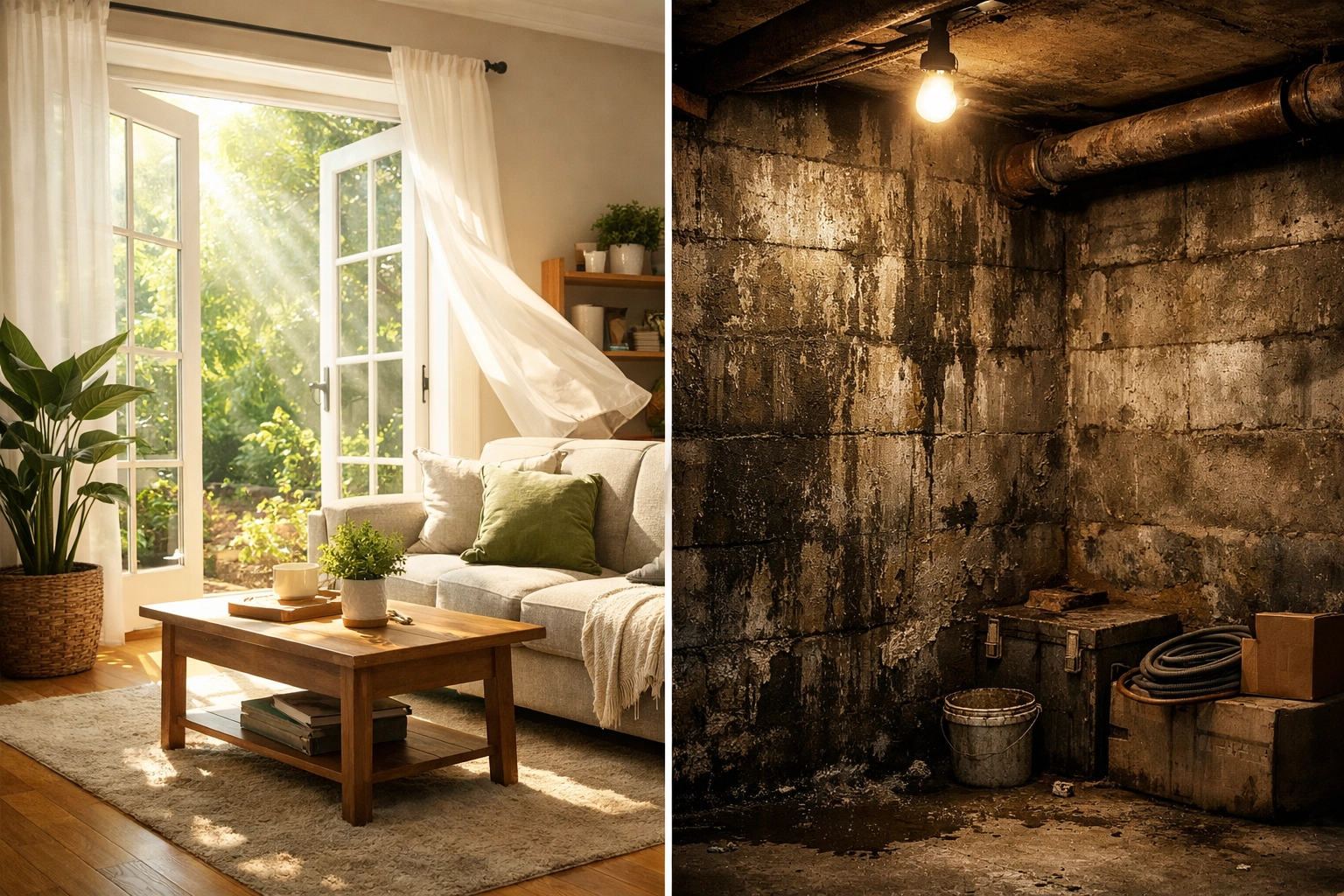 Contrast between bright living room and damp basement showing mold-prone conditions