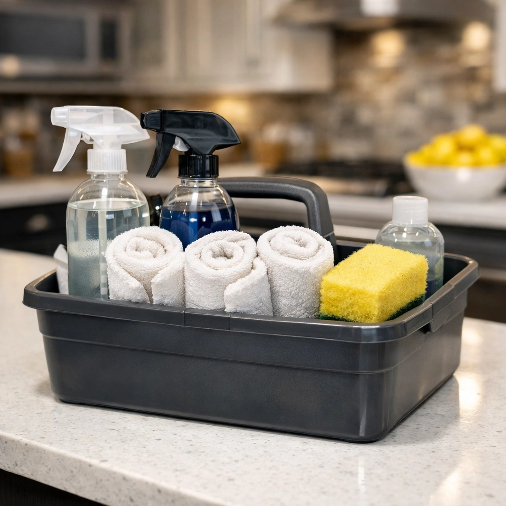 Professional cleaning caddy with supplies on a clean quartz kitchen island for weekly home maintenance.