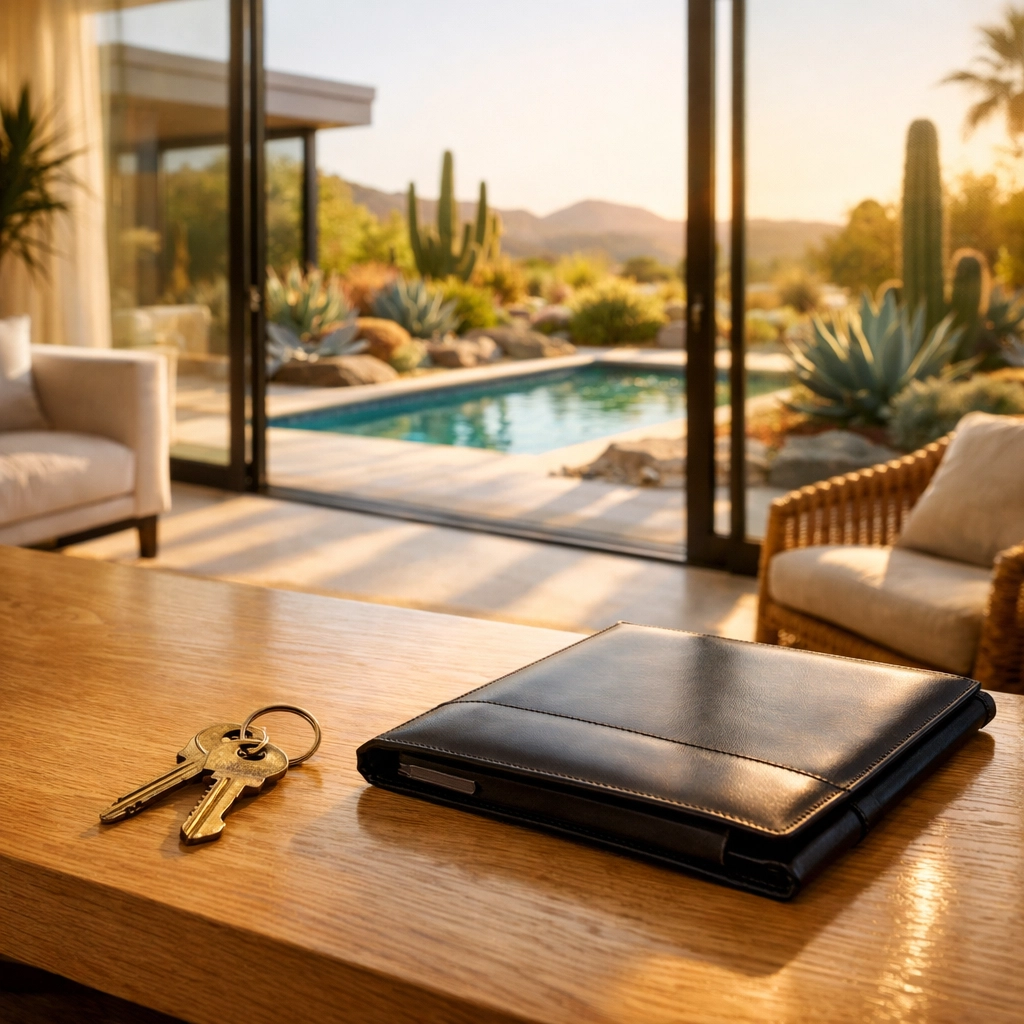 Brass house keys on a coffee table in a modern Arizona desert-inspired home.