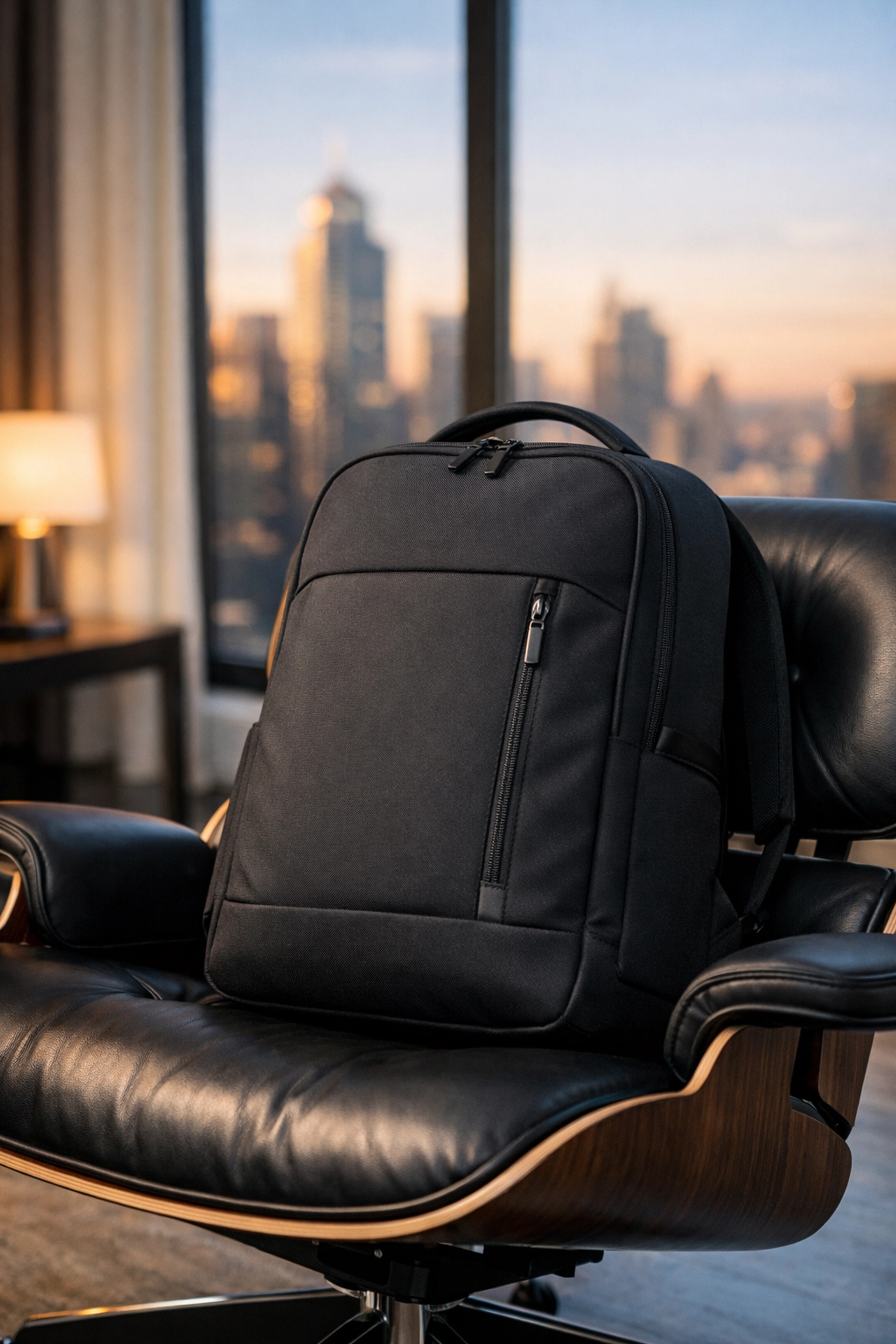 The Tunes On Top minimalist backpack featured in a high-end urban lifestyle setting.