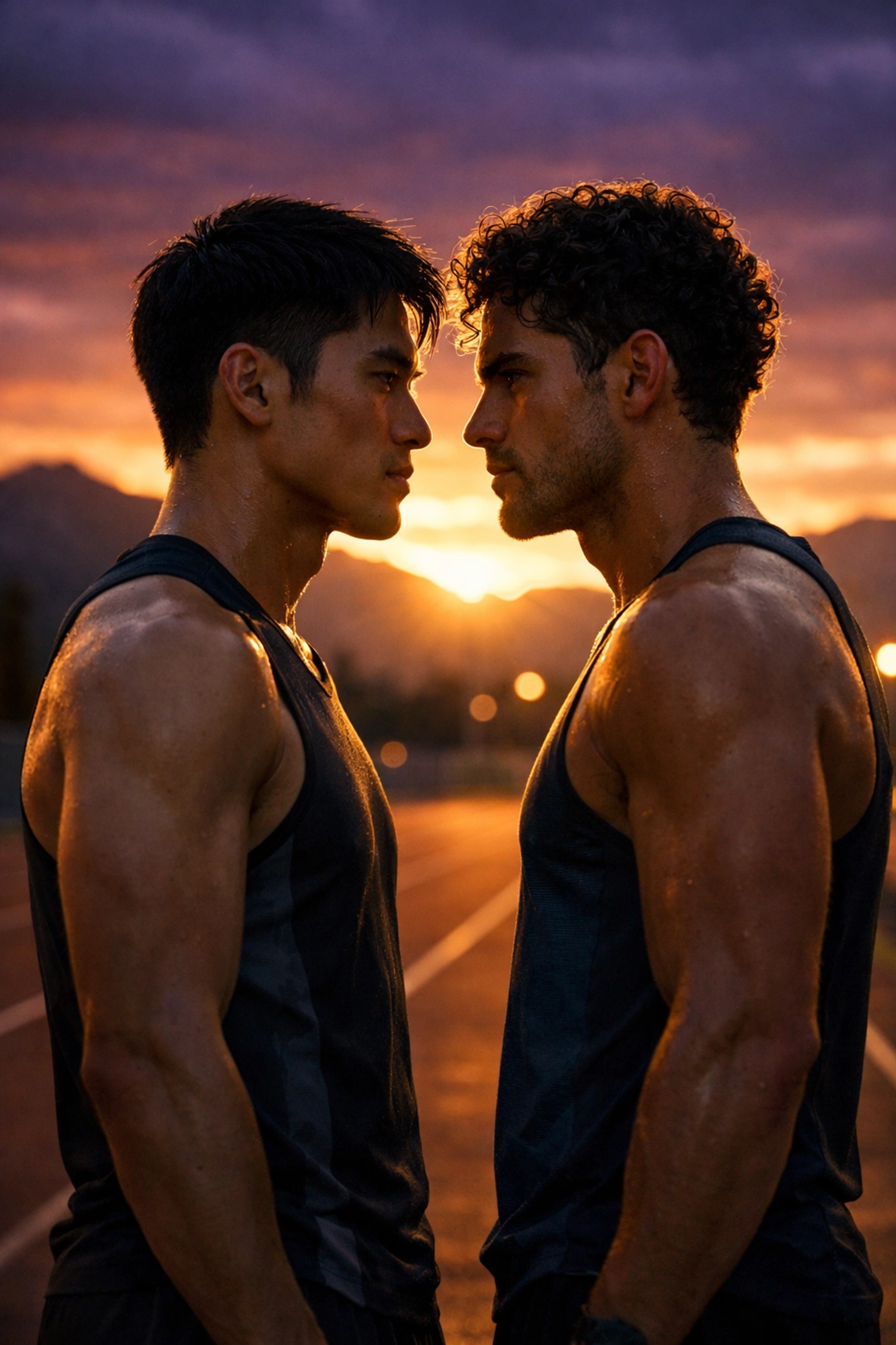 Marcus and Leo face each other on training camp track at sunset - gay romance rivals